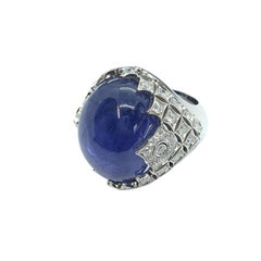 45 Carat Blue Cabochon Tanzanite White Gold Cocktail Ring and White Diamonds