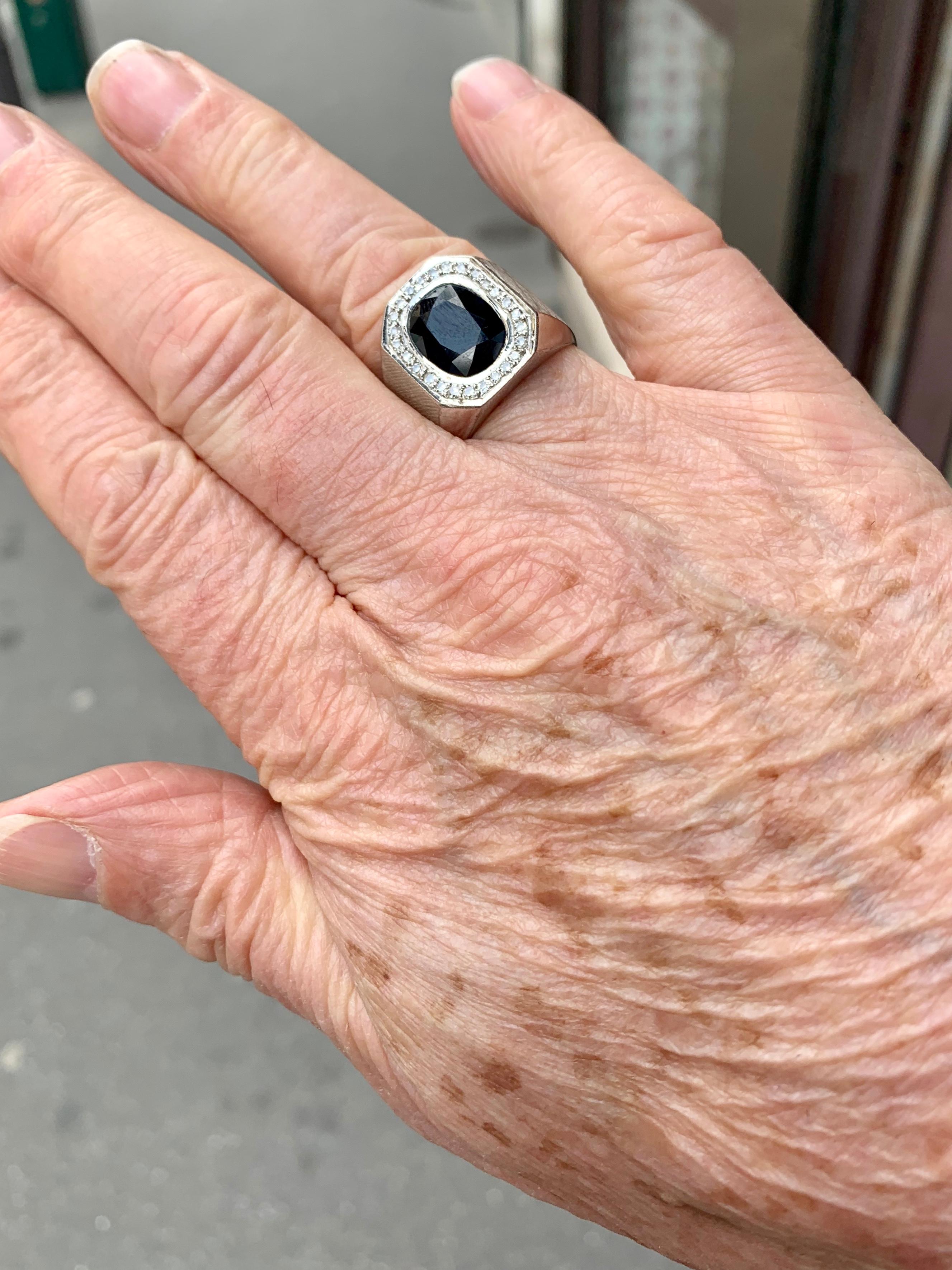 Oval Cut 4.5 Carat Blue Sapphire and Diamonds Silver Signet-Ring