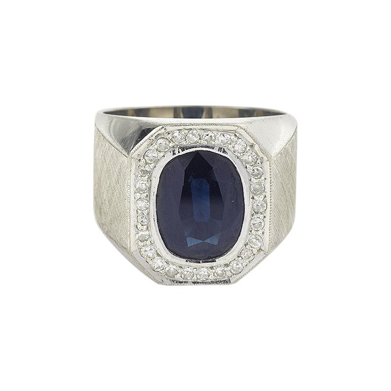 4.5 Carat Blue Sapphire and Diamonds Silver Signet-Ring