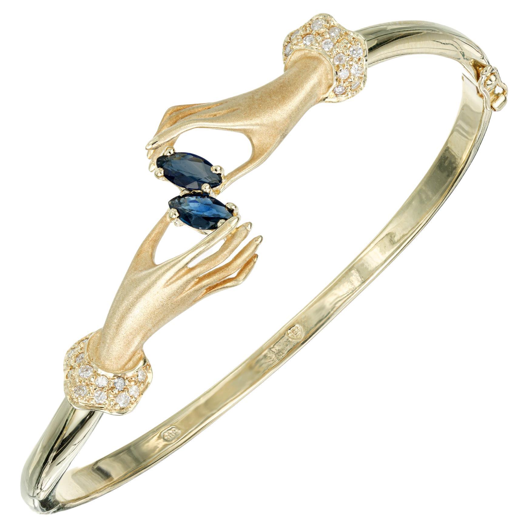 .45 Carat Blue Sapphire Diamond Yellow Gold Bangle Bracelet For Sale