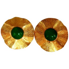 45 Carat Cabochon Jade Clip Earrings 14 Karat Circular Graver Petal