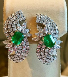 EGL Certfied 4.5 Ct Colombian Emerald Cut Emerald Diamond Clip Earrings 18 Karat