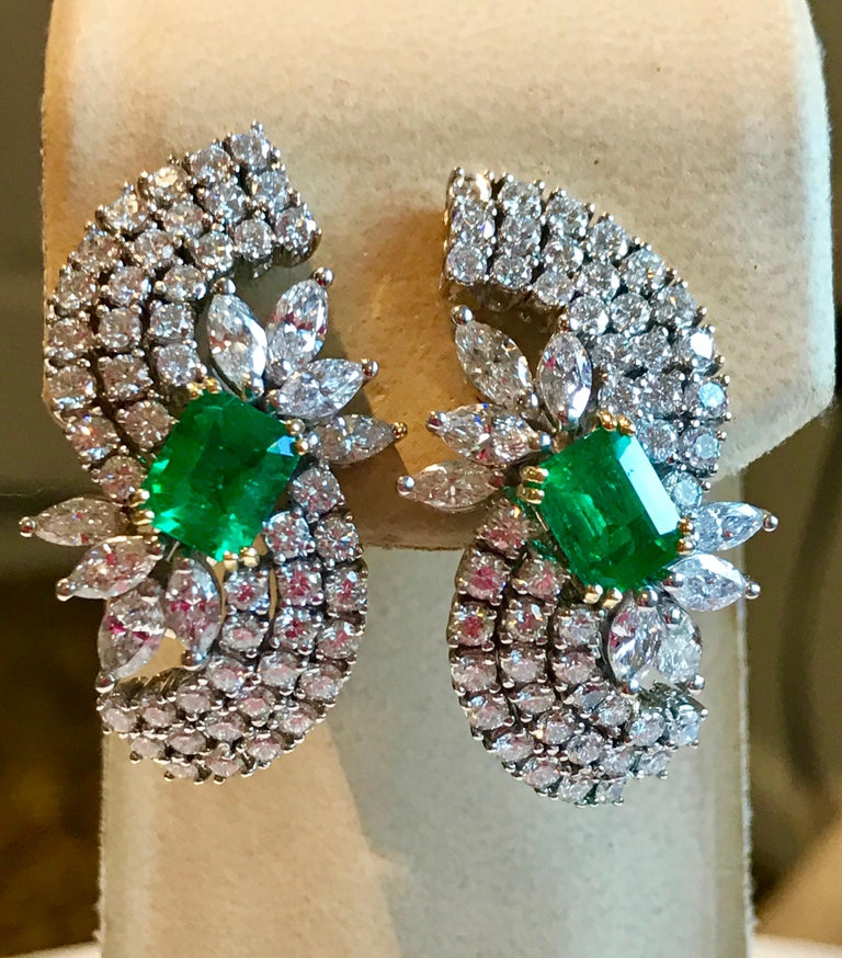 4.5 Carat Colombian Emerald Cut Emerald Diamond Clip Earrings 18 Karat ...