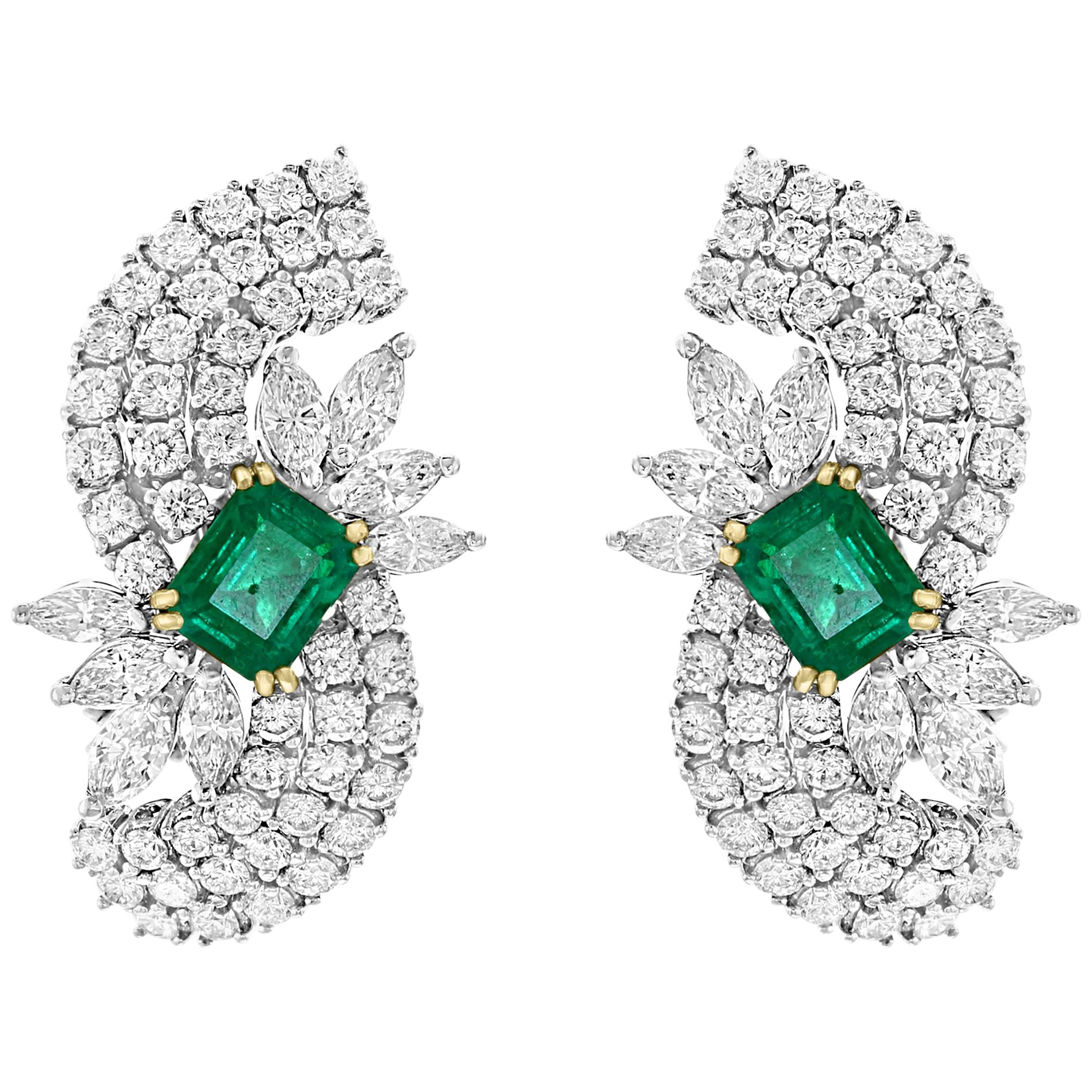 EGL Certfied 4.5 Ct Colombian Emerald Cut Emerald Diamond Clip Earrings 18 Karat