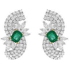 EGL Certfied 4.5 Ct Colombian Emerald Cut Emerald Diamond Clip Earrings 18 Karat