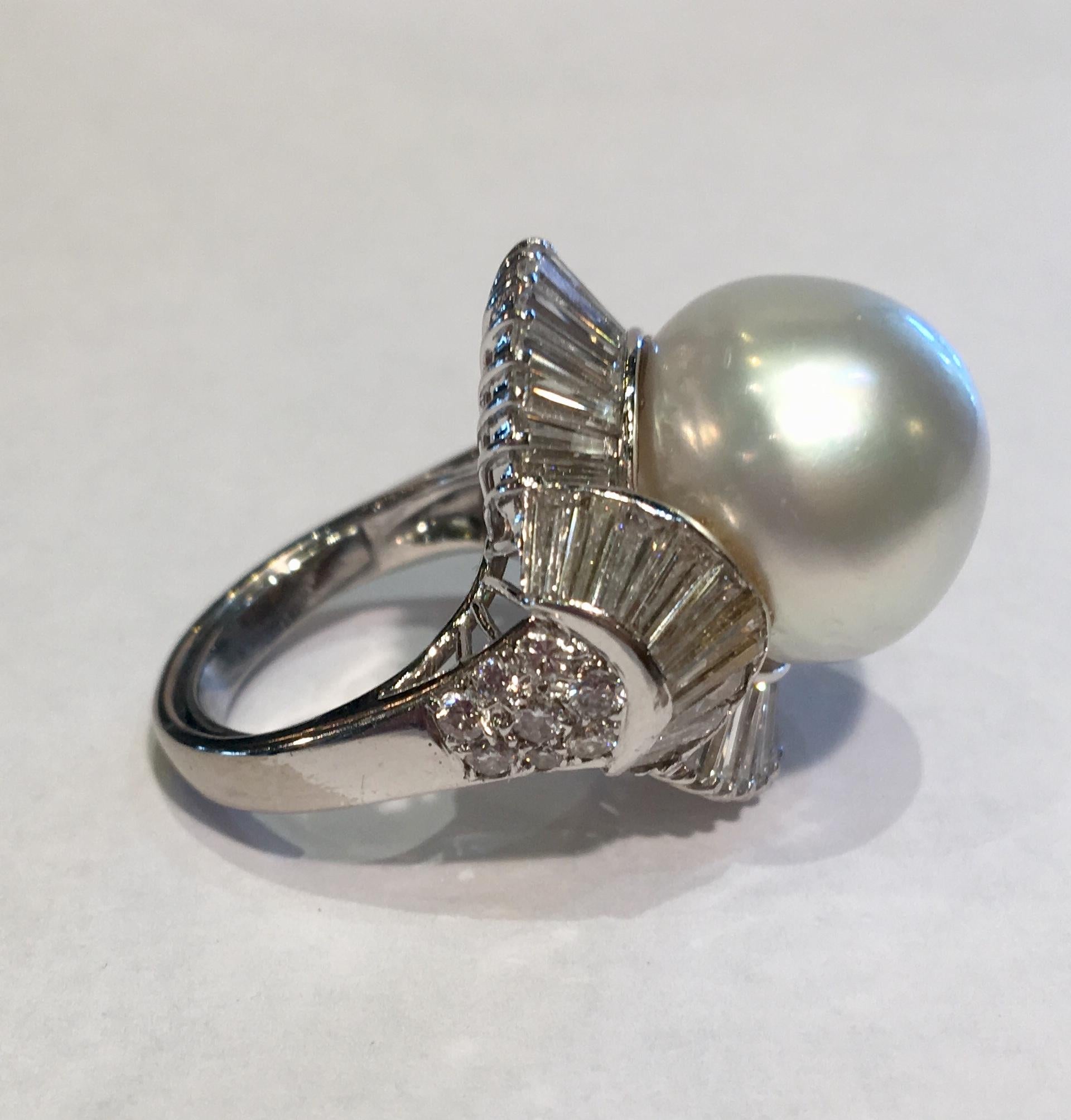 4.5 Carat Diamond and Large Round White South Sea Pearl 18 Karat White Gold Ring 3