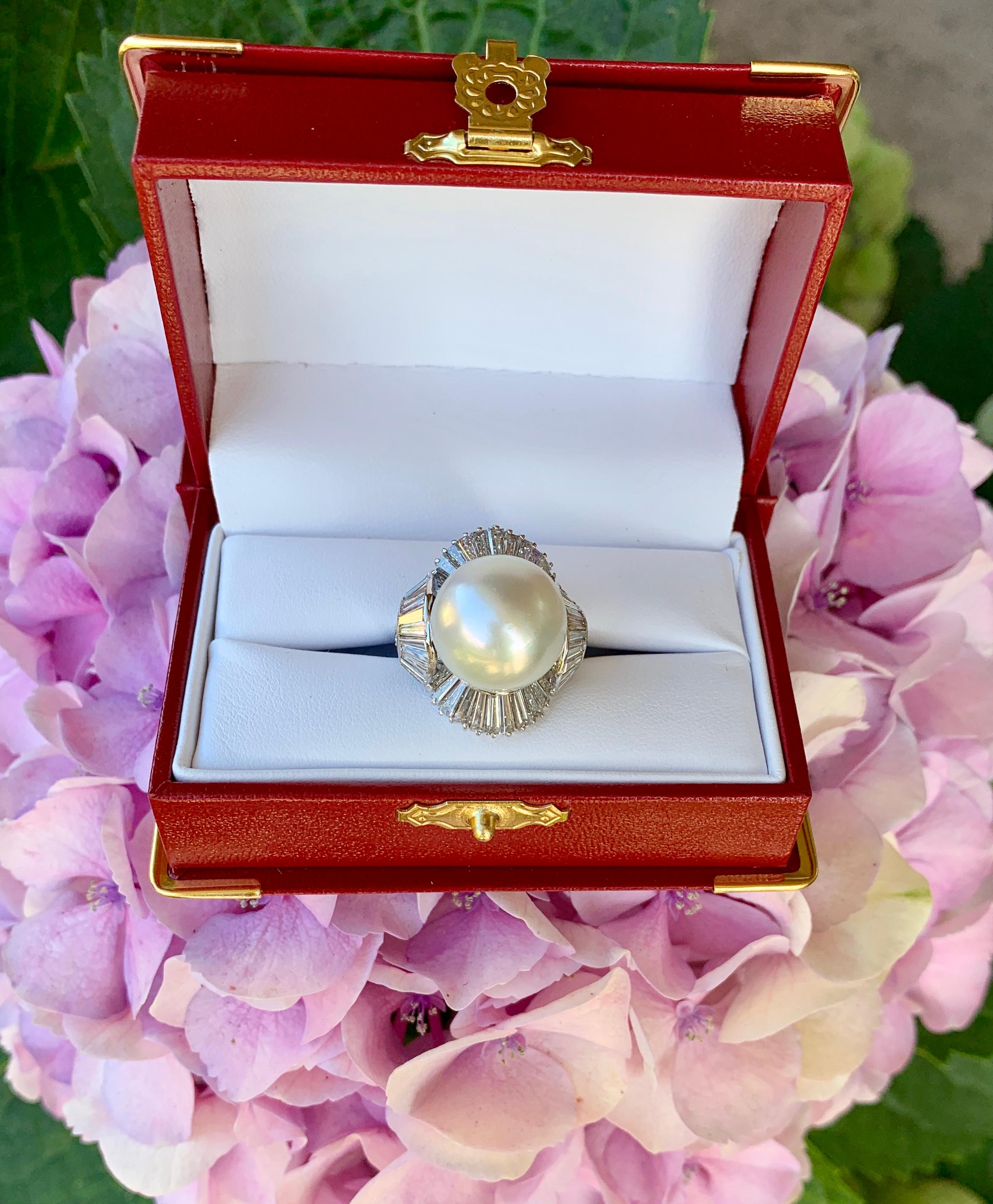 Baguette Cut 4.5 Carat Diamond and Large Round White South Sea Pearl 18 Karat White Gold Ring