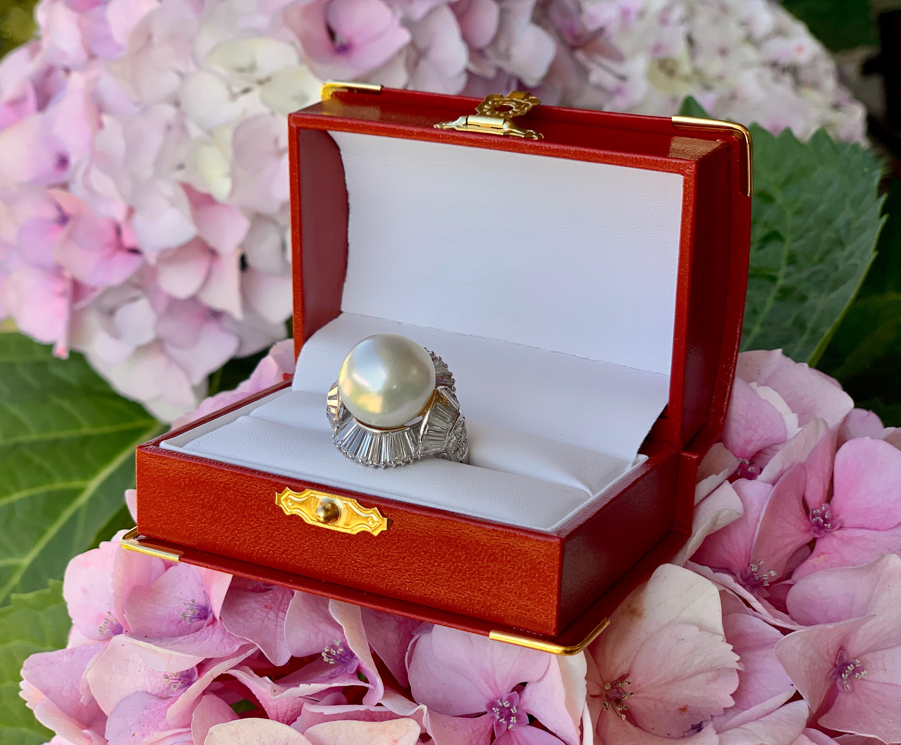 Women's 4.5 Carat Diamond and Large Round White South Sea Pearl 18 Karat White Gold Ring