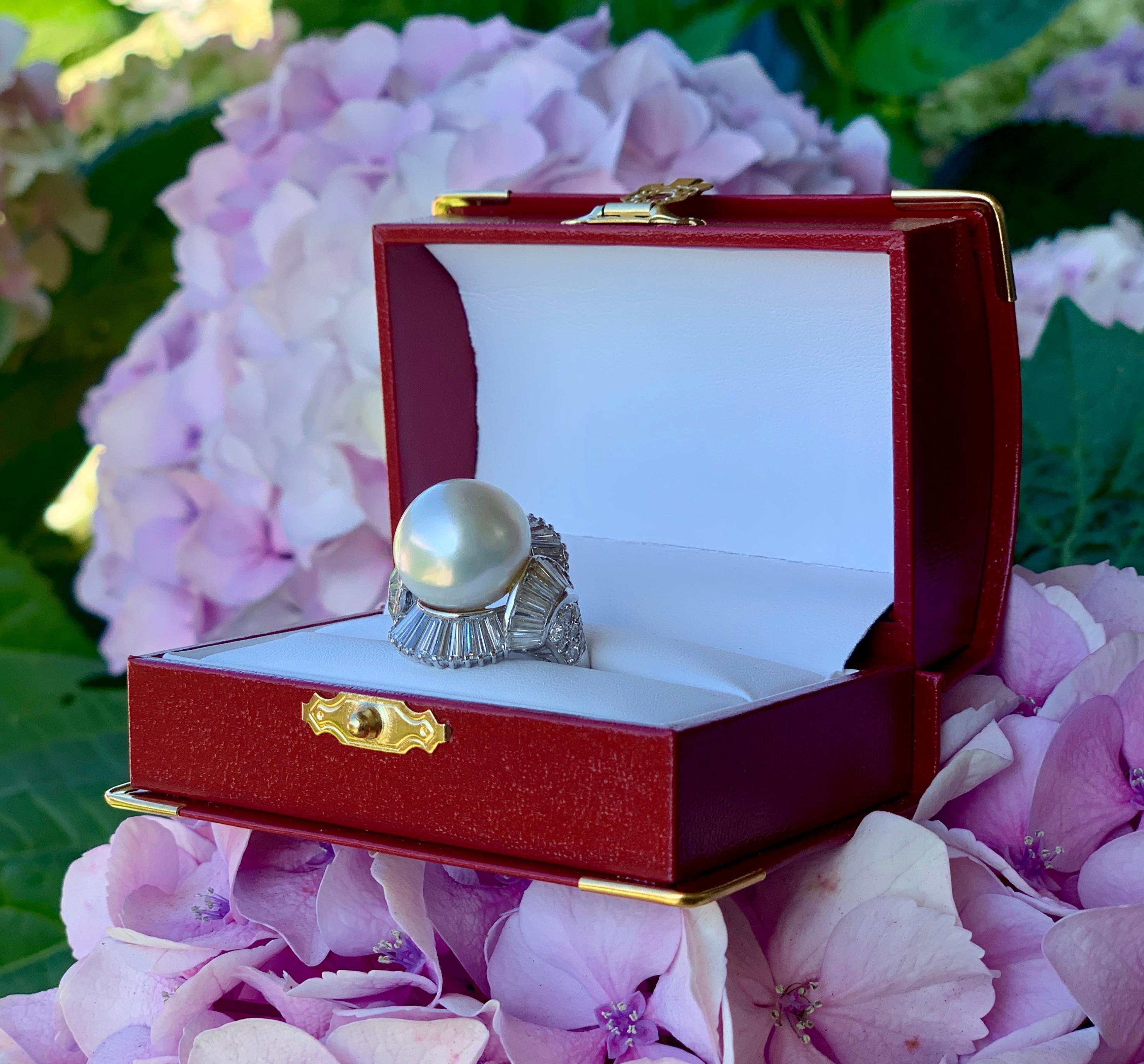 4.5 Carat Diamond and Large Round White South Sea Pearl 18 Karat White Gold Ring 1
