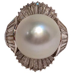 4.5 Carat Diamond and Large Round White South Sea Pearl 18 Karat White Gold Ring