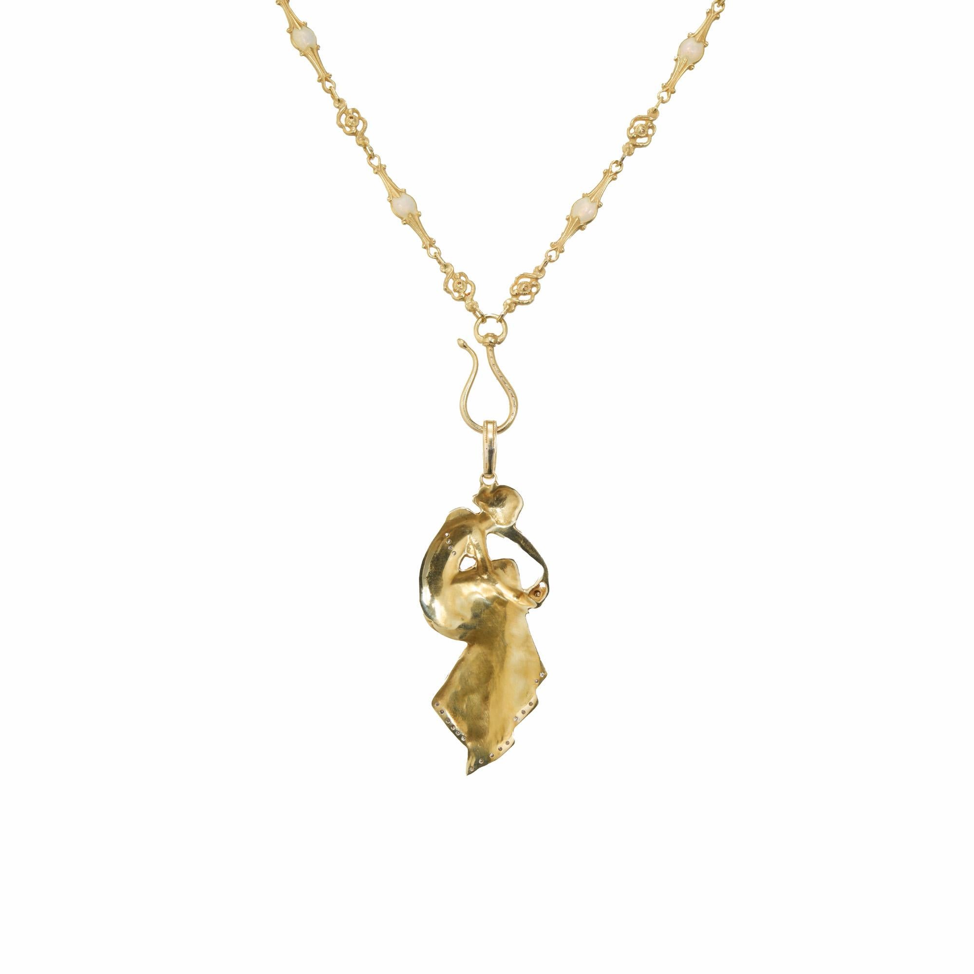 Women's .45 Carat Diamond Enamel Yellow Gold Art Nouveau Revival Pendant Necklace For Sale