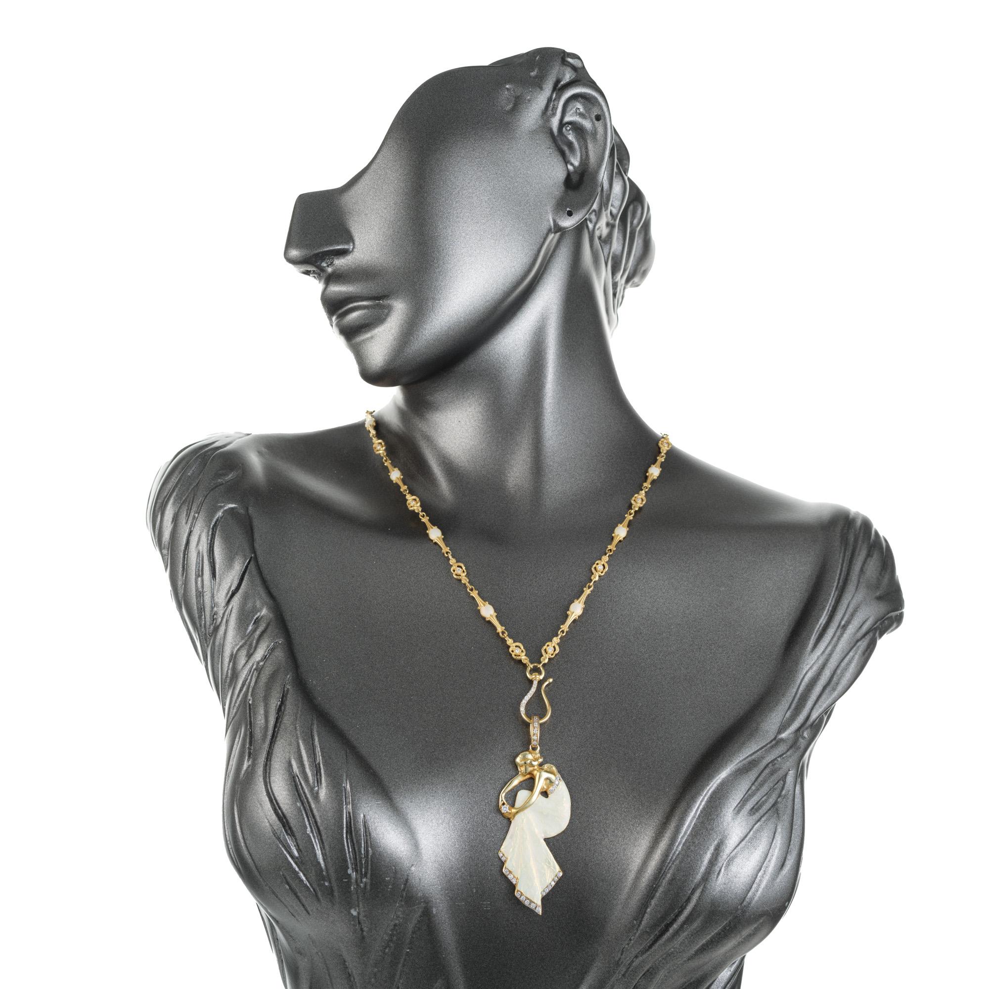 .45 Carat Diamond Enamel Yellow Gold Art Nouveau Revival Pendant Necklace For Sale 2