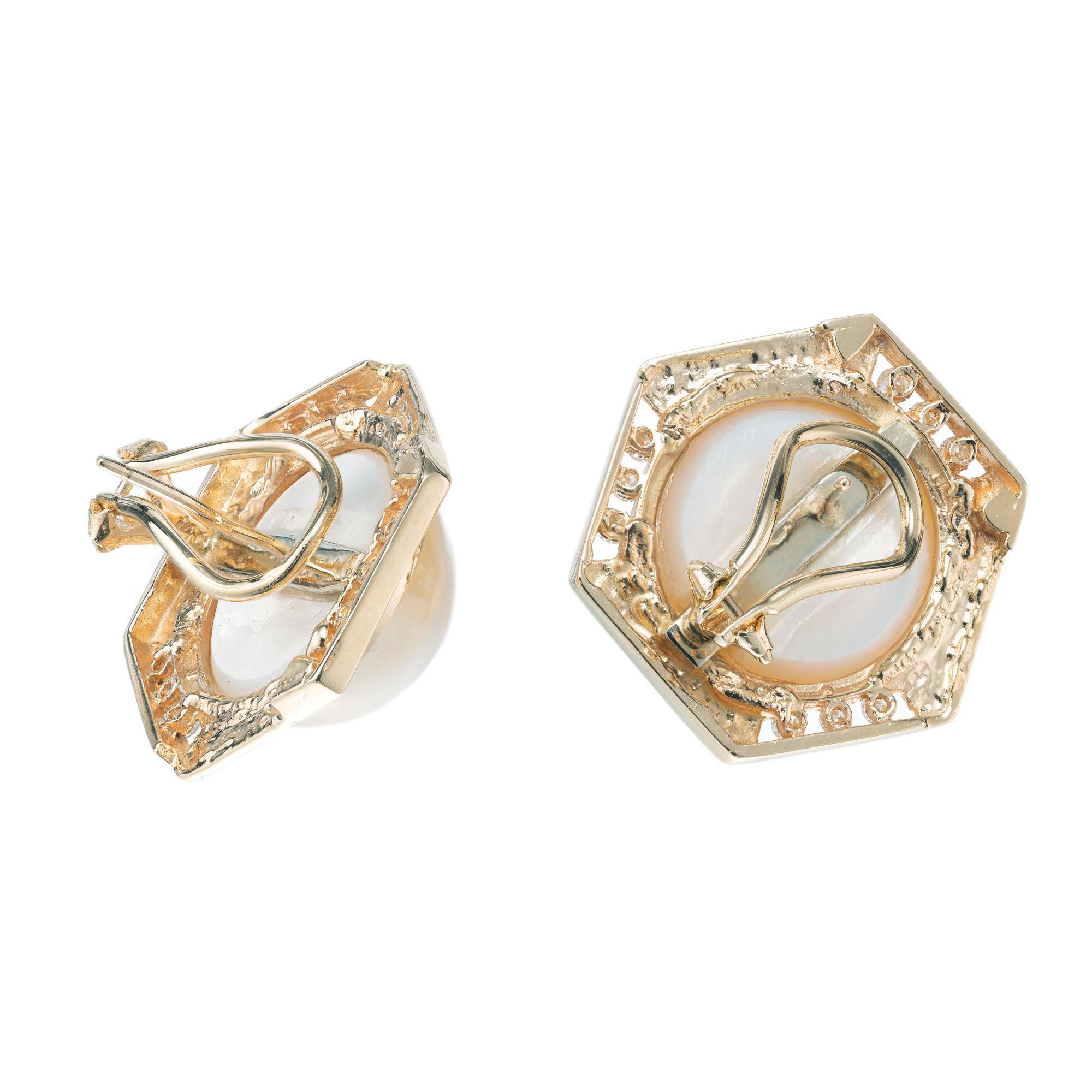 Round Cut .45 Carat Diamond Mabe Pearl Yellow Gold Earrings For Sale