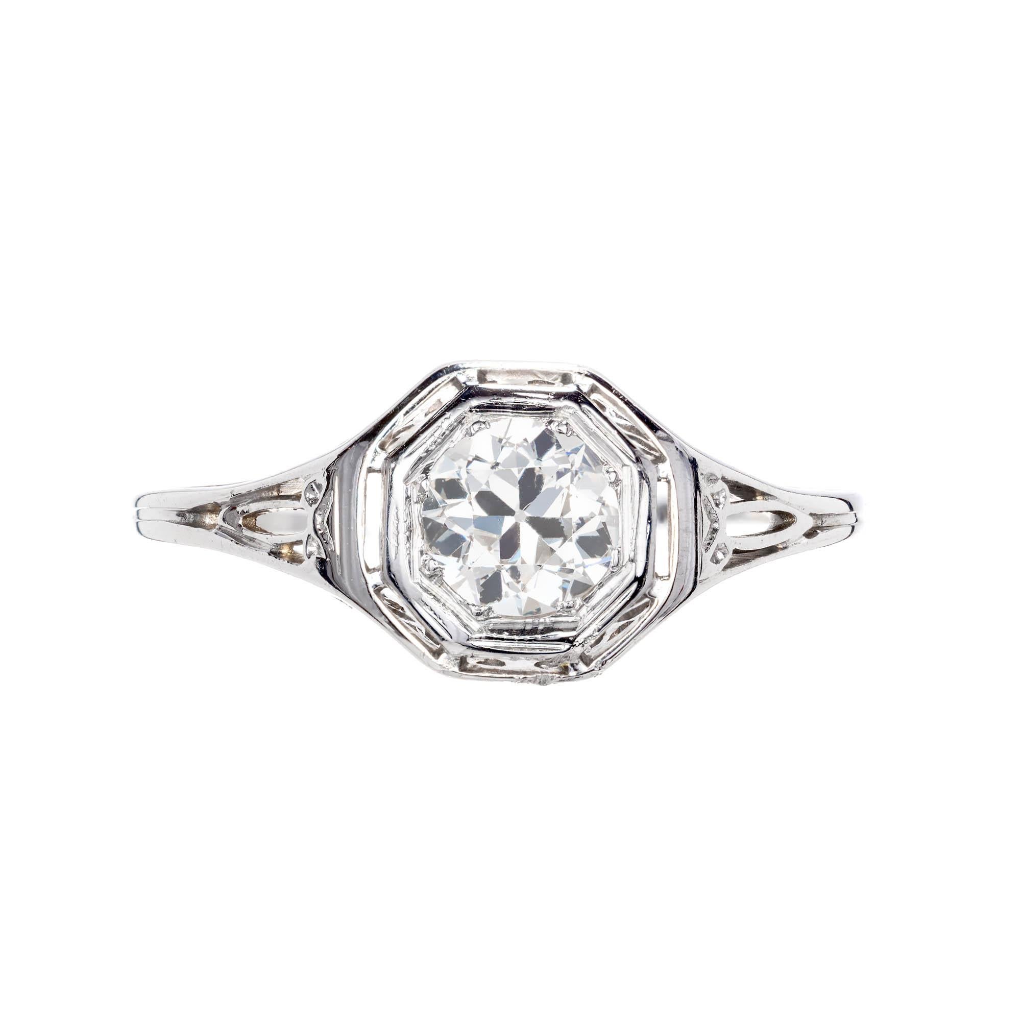 Antique .45ct diamond filigree style ring set with Old European diamond, in a 18k white gold setting.

1 round old euro diamond 5.0 x 4.86 x 2.78mm G-H SI approximate .45 carats  EGL Certificate # US 314545301D
Size: 4.5 and sizable
18k White