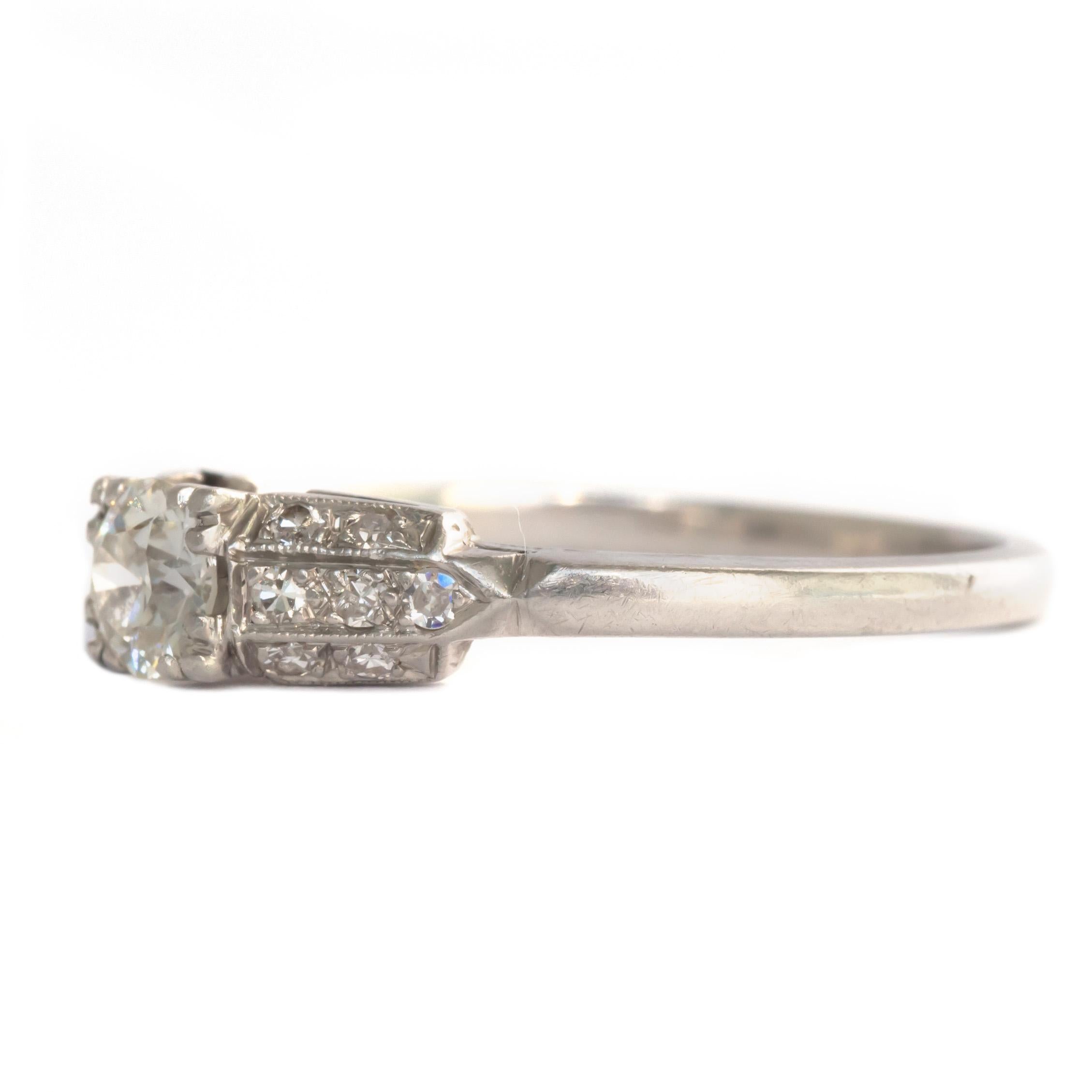 Ring Size: 8.95
Metal Type: Platinum 
Weight: 4.9 grams

Center Diamond Details
Shape: Old European Brilliant 
Carat Weight: .45 carat
Color: I
Clarity: SI1

Side Stone Details: 
Shape: antique Single Cut 
Total Carat Weight: .12 carat total