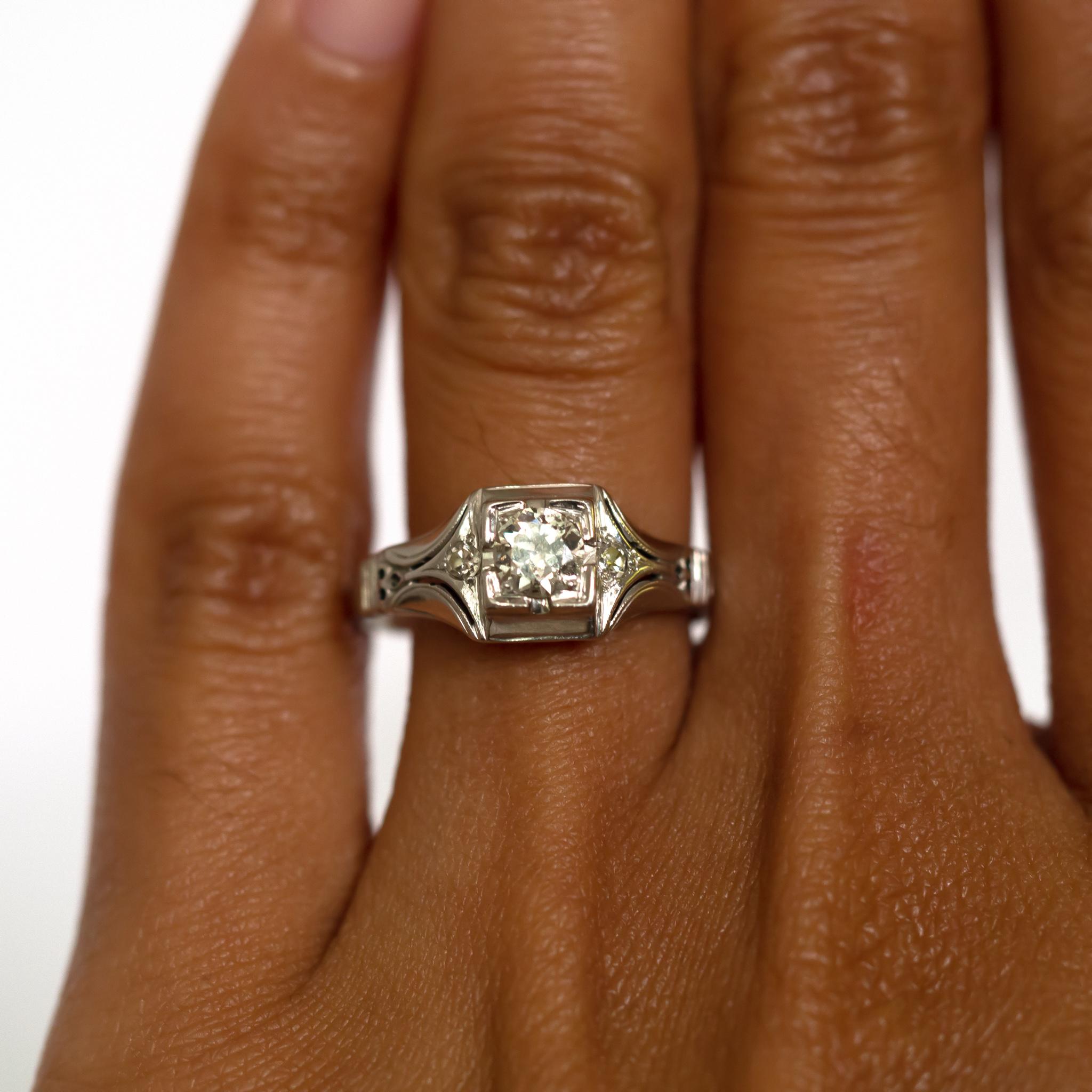 Art Deco .45 Carat Diamond White Gold Engagement Ring For Sale