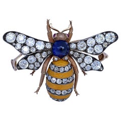Antique Bee Brooch 4.5 Ct Diamonds Sapphire Guilloche Enamel Yellow Gold Featured, 1900