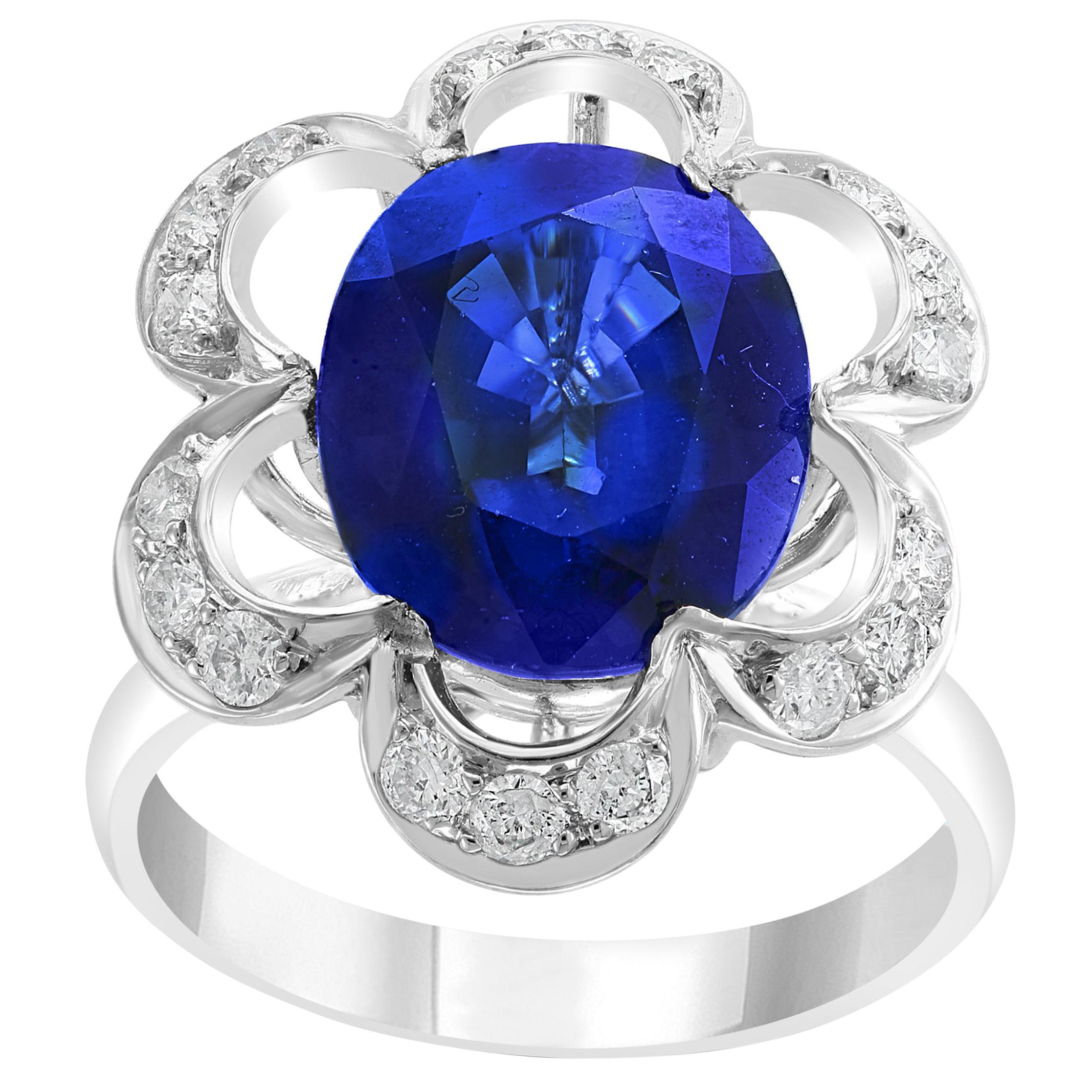 Anello da cocktail con zaffiro blu diffuso e diamante in oro bianco 18 carati da 4,5 carati