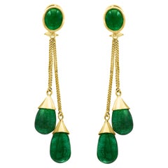 45 Carat Emerald  Cabochon Drops Hanging/Drop Earrings 18 Karat Yellow Gold