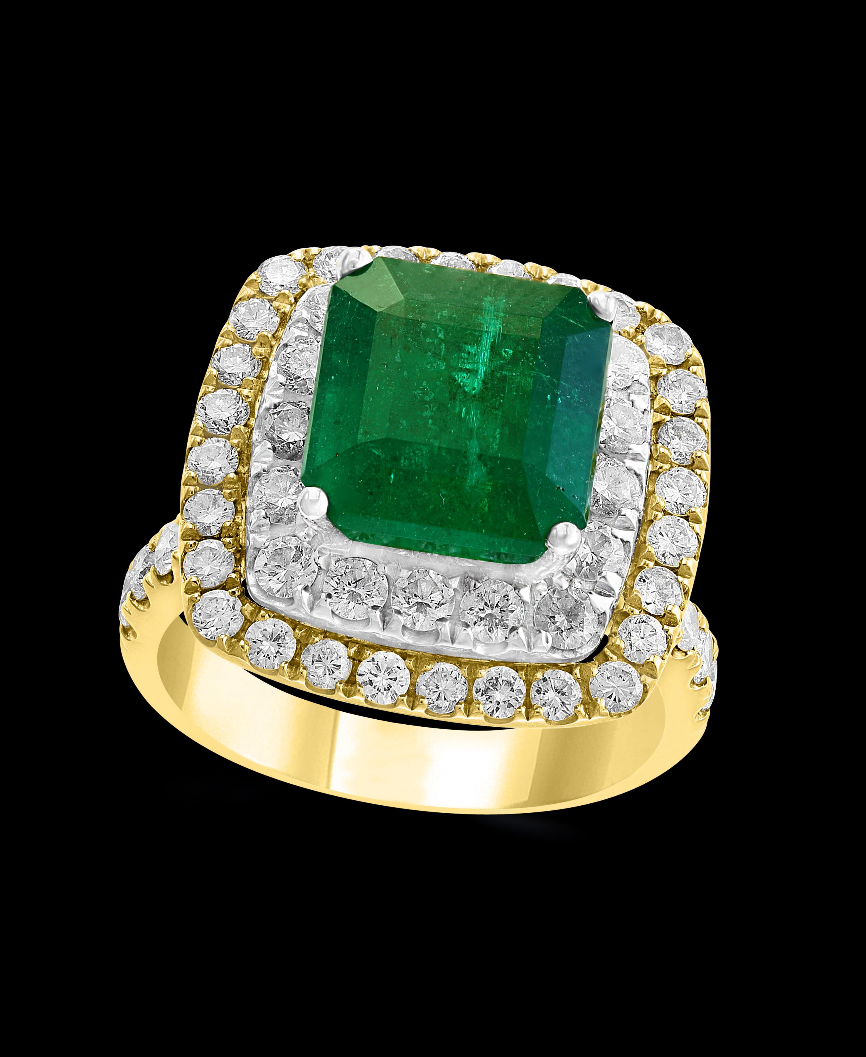A classic, Cocktail ring 
4.5 Carat  Colombian Emerald and Diamond Ring,  with no color enhancement.
18 K Gold 8.6 gm
 Diamonds: approximate 2.8 Carat 
Emerald: 4.5 Carat 
Origin : Colombia 
Color: Deep  Green, Transparent extreme Fine Color