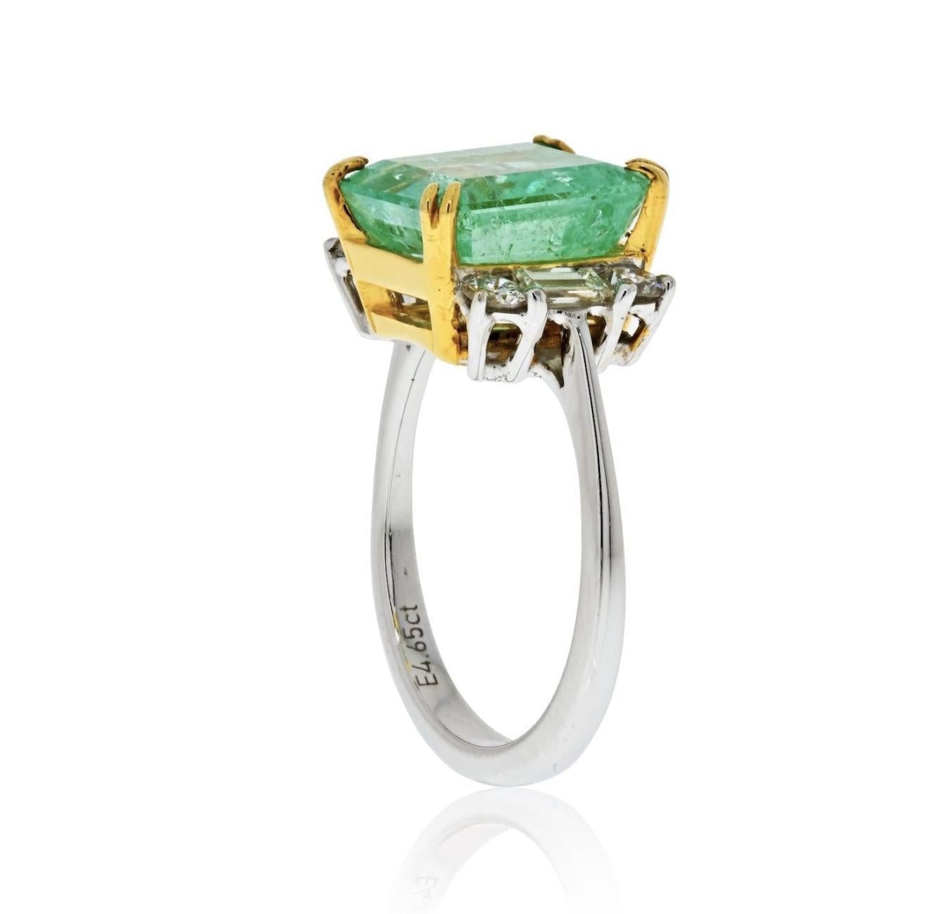 This item is made to order. Carat weights, gold weights, and measurements are subject to a slight variance. 

Natural Art Deco 4.5 Carat Natural Emerald ring. Center stone is mounted in a smooth 18k white gold ring setting and paired with round and