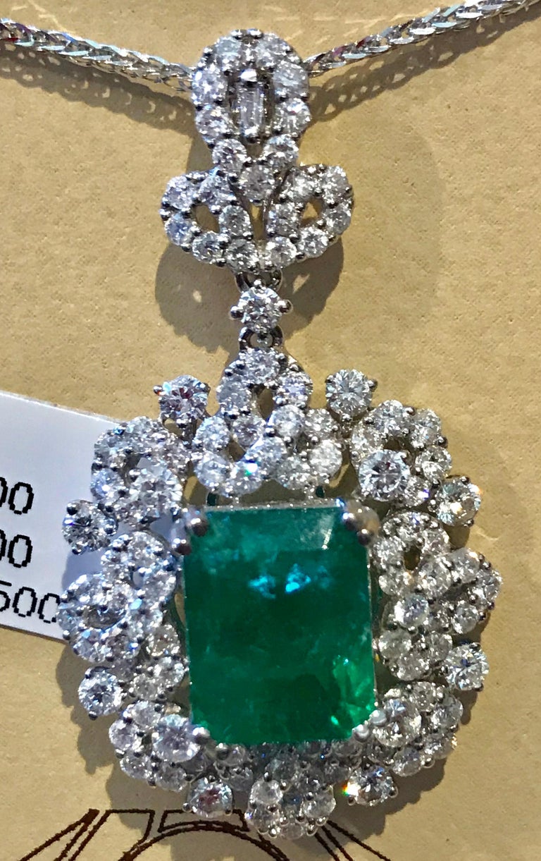 4.5 Carat Emerald Cut Emerald and Diamond Pendant Necklace 18 Karat ...