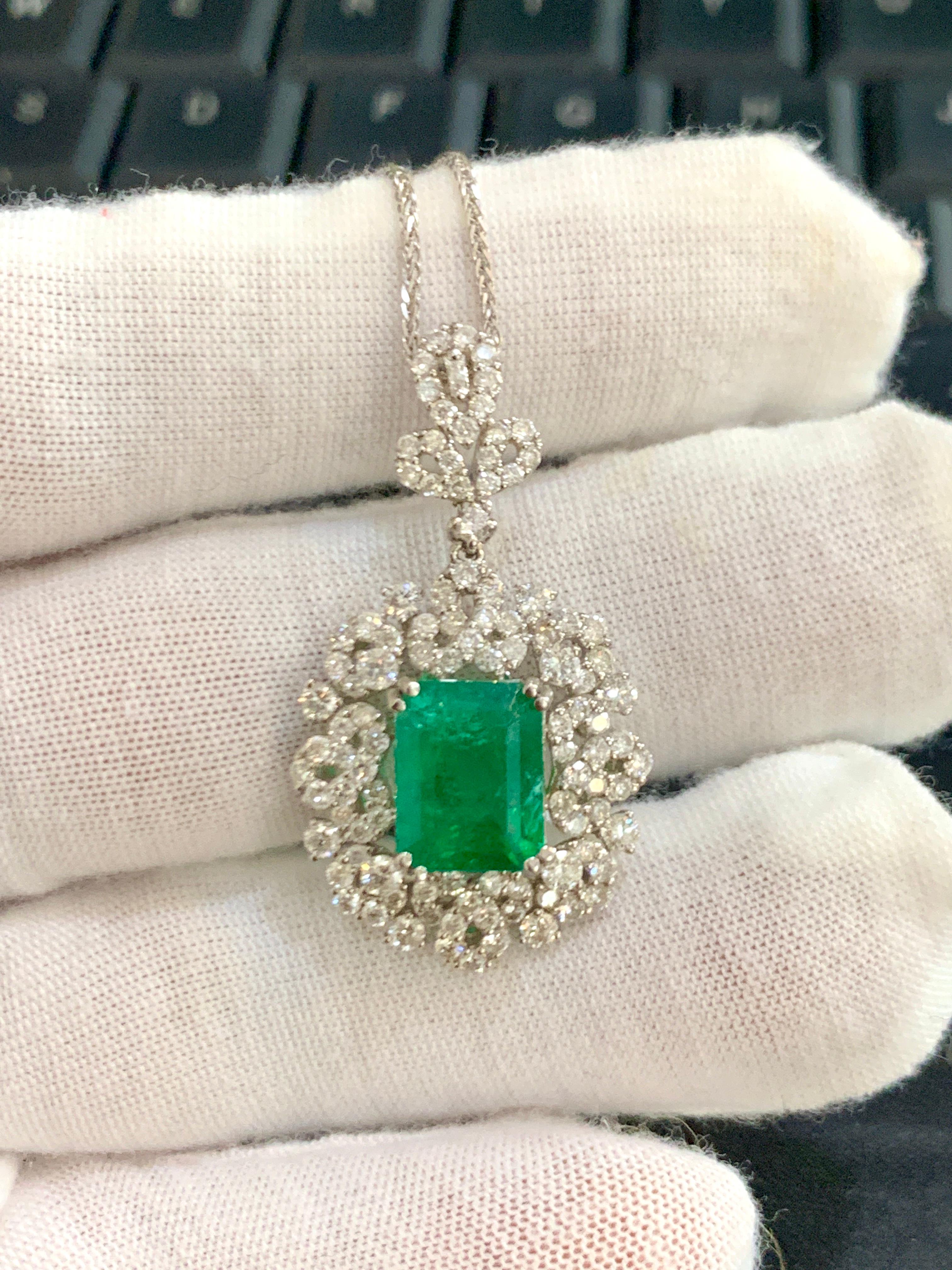 Women's 4 Carat Emerald Cut Emerald and Diamond Pendant Necklace 18 Karat Gold