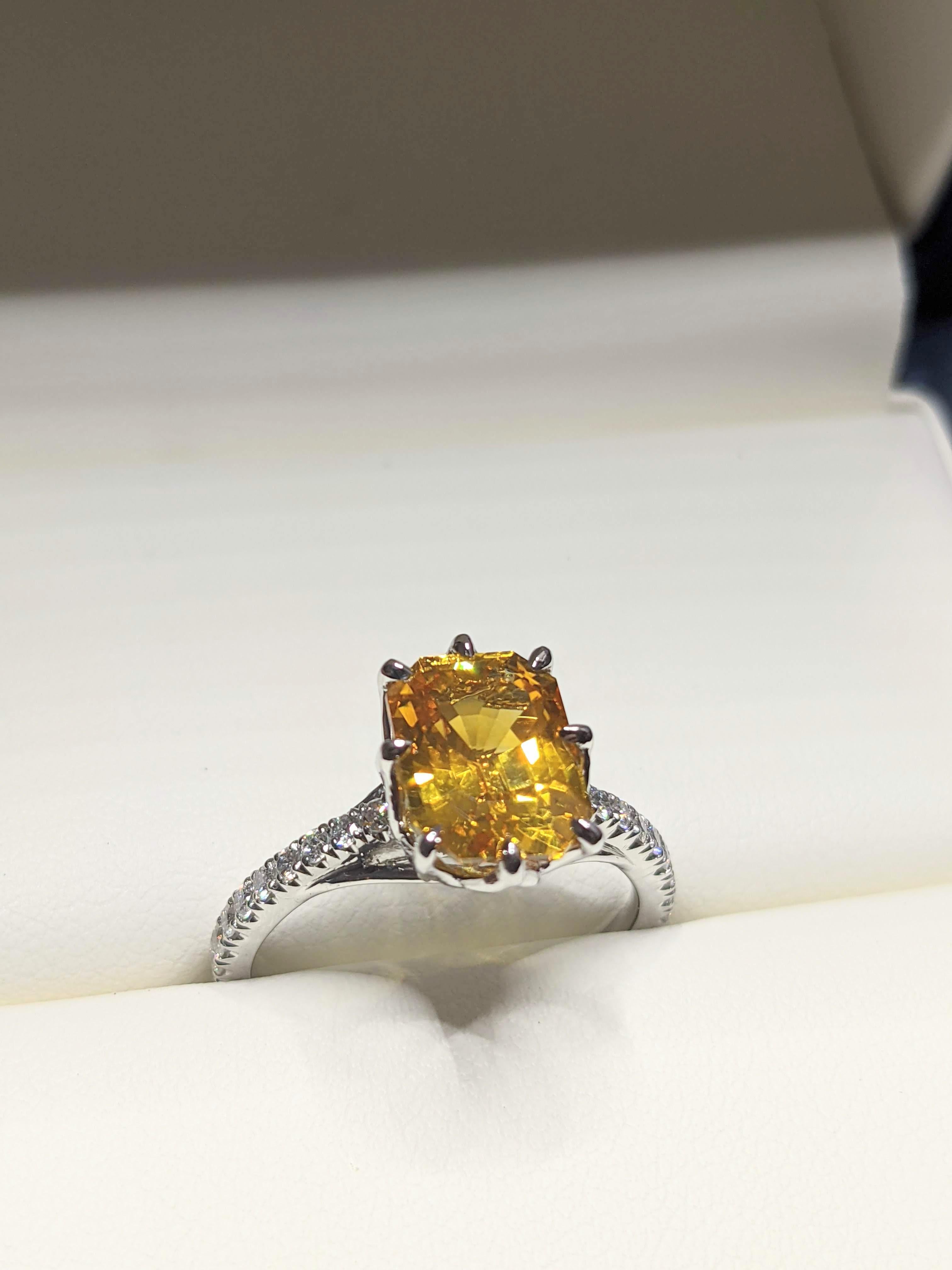 4.5 Carat Emerald Cut Yellow Sapphire Diamond Pave' Platinum Ring In New Condition In New York, NY