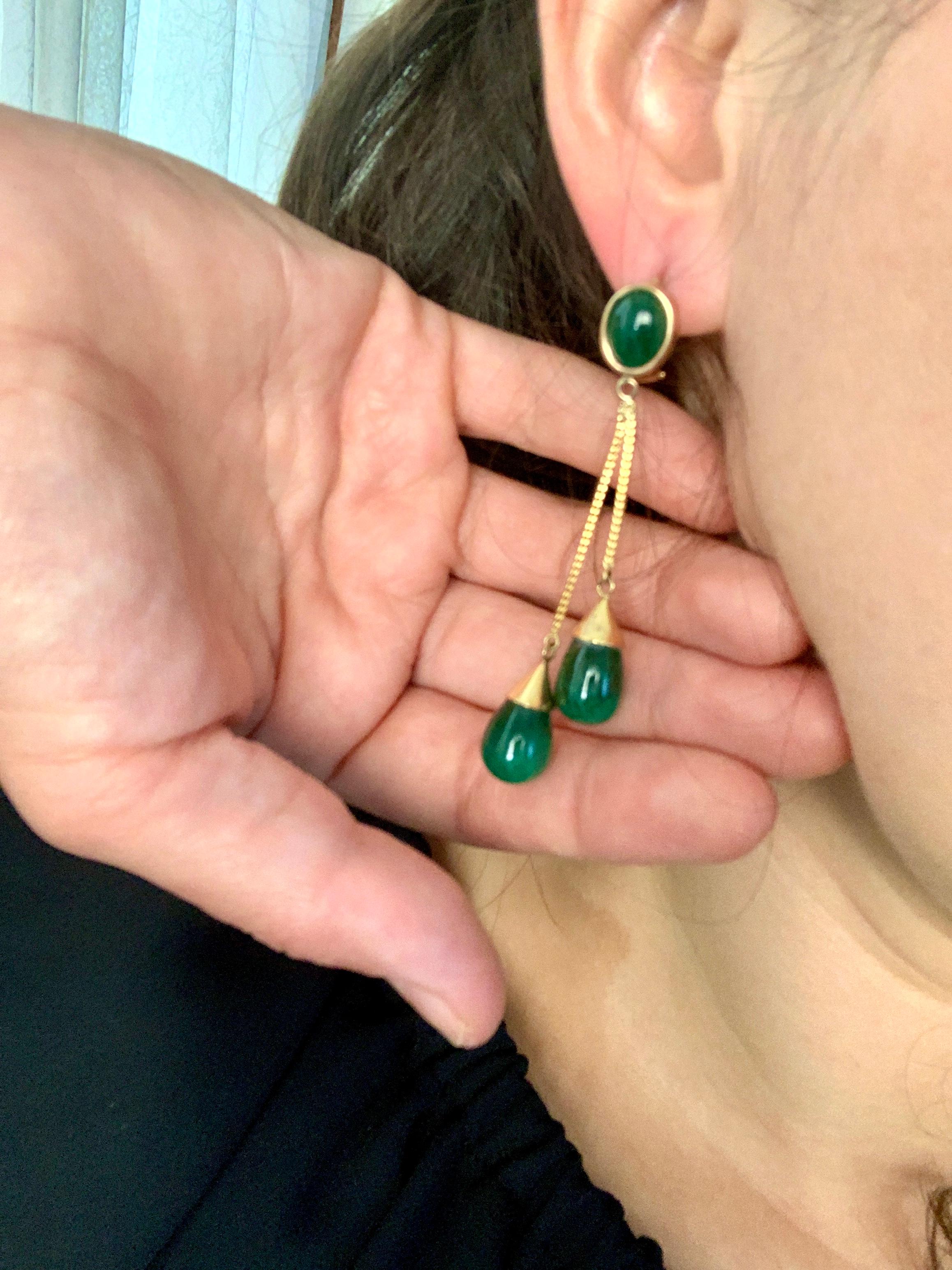 45 Carat Emerald  Cabochon Drops Hanging/Drop Earrings 18 Karat Yellow Gold 4