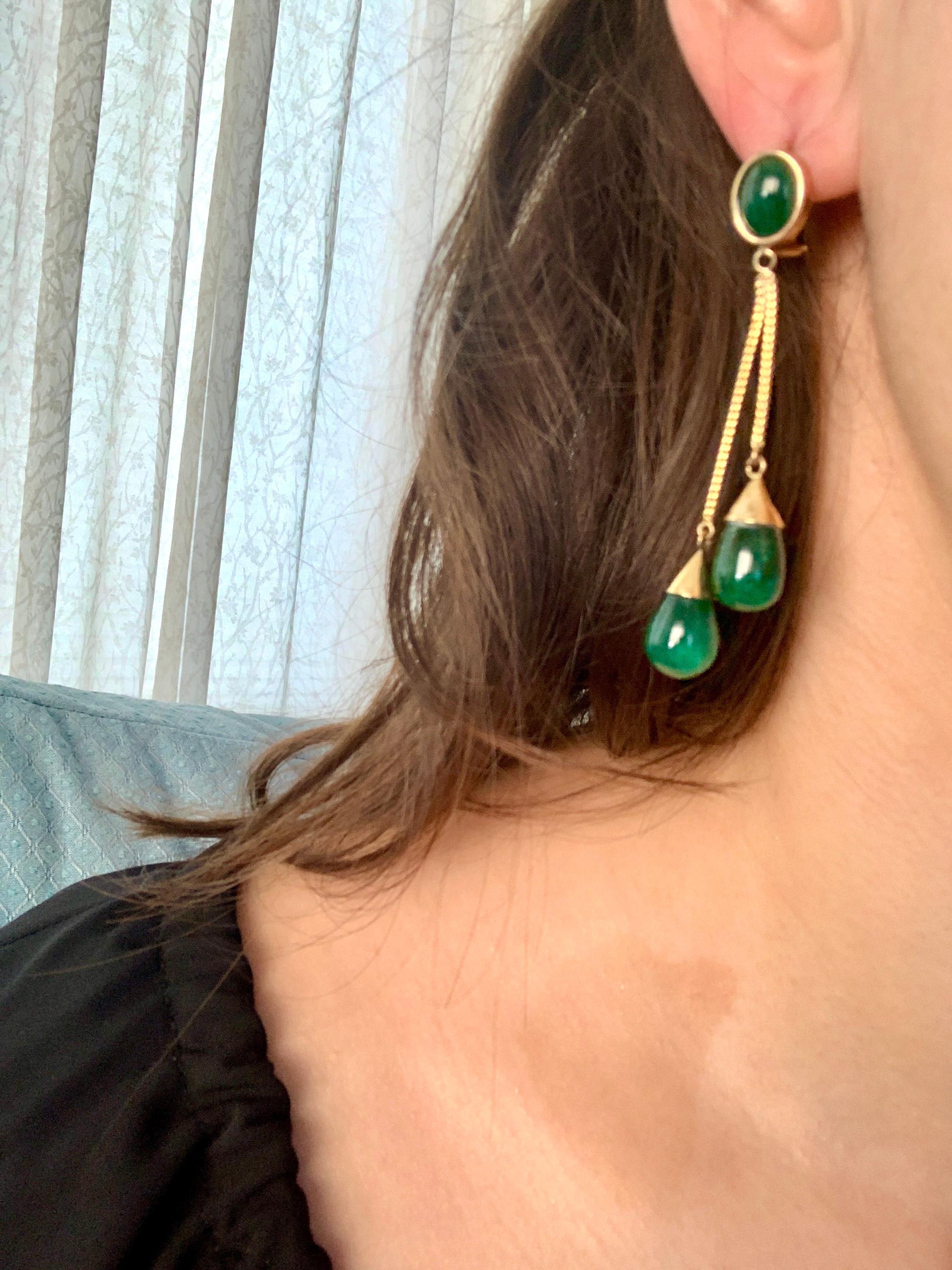 45 Carat Emerald  Cabochon Drops Hanging/Drop Earrings 18 Karat Yellow Gold 2