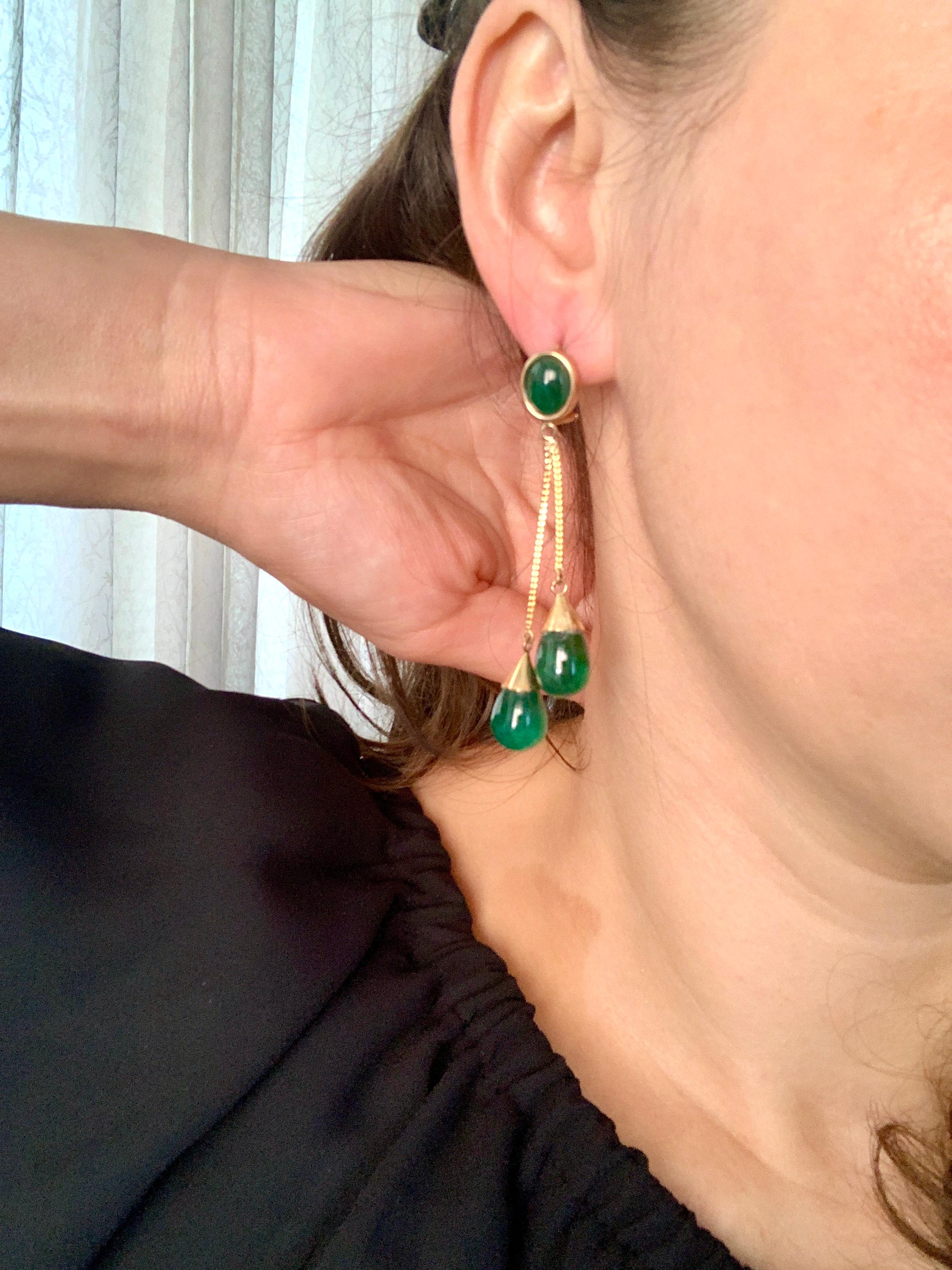 45 Carat Emerald  Cabochon Drops Hanging/Drop Earrings 18 Karat Yellow Gold 3