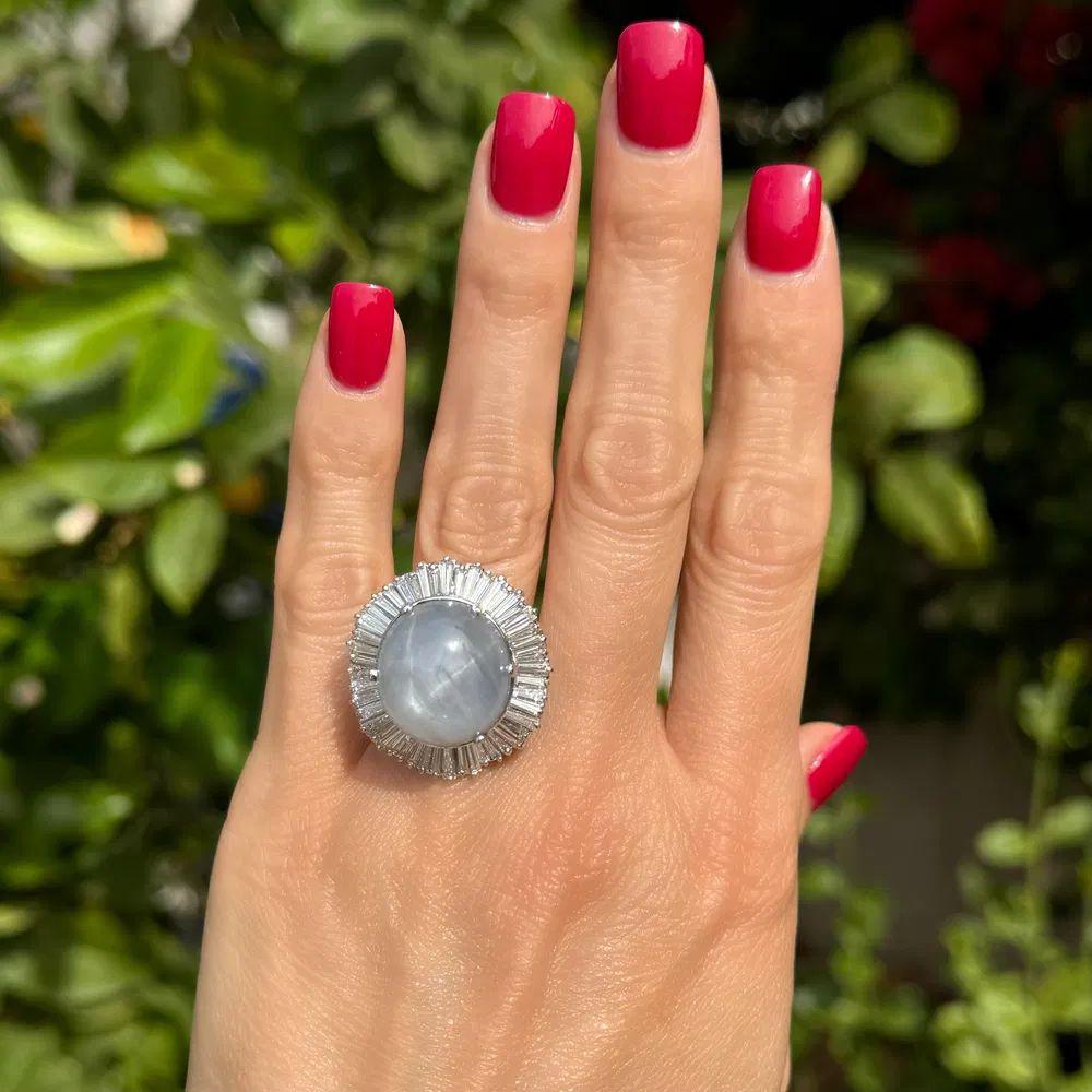 Modernist 45 Carat Gray Blue Star Sapphire and Baguette Diamond Platinum Statement Ring For Sale