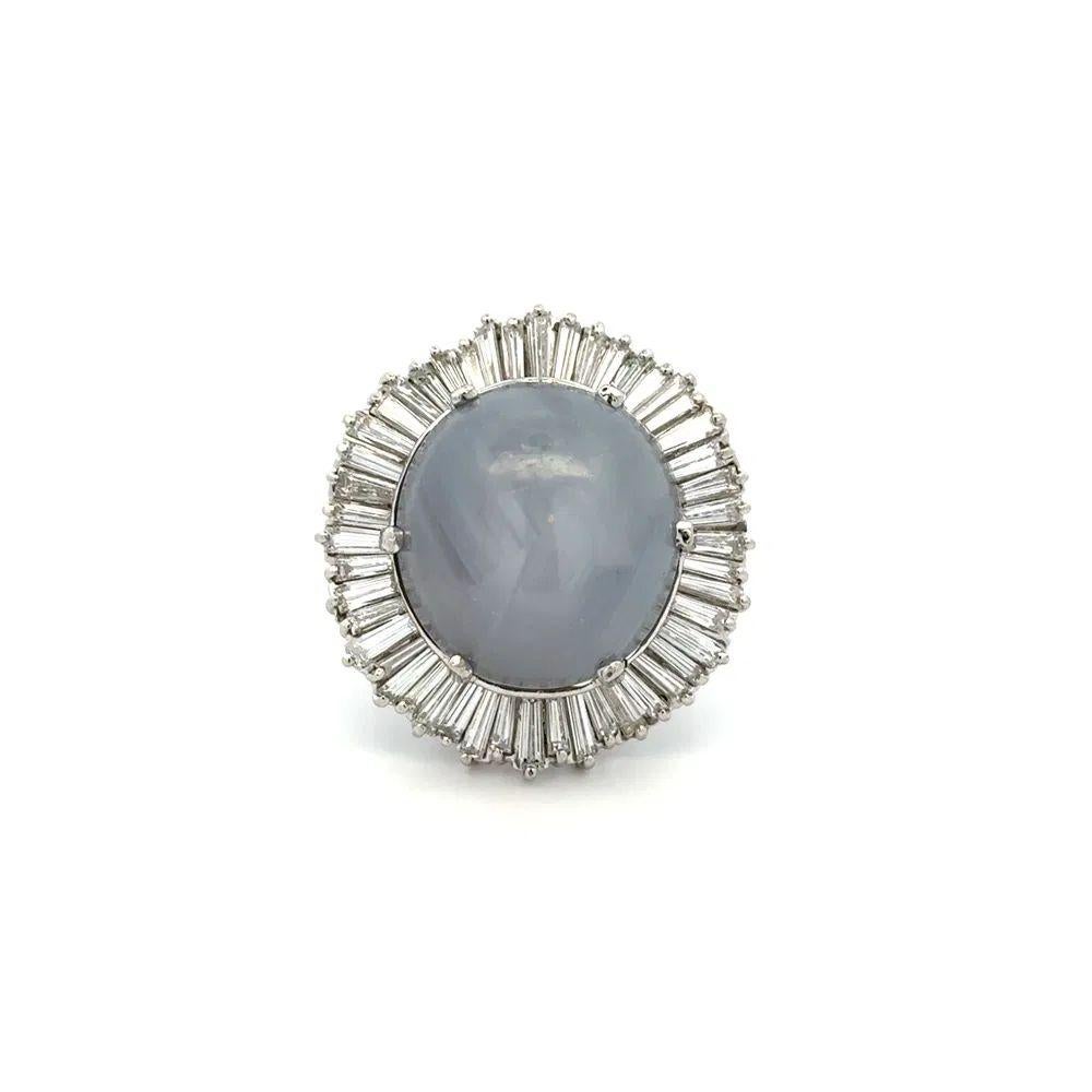 Mixed Cut 45 Carat Gray Blue Star Sapphire and Baguette Diamond Platinum Statement Ring For Sale