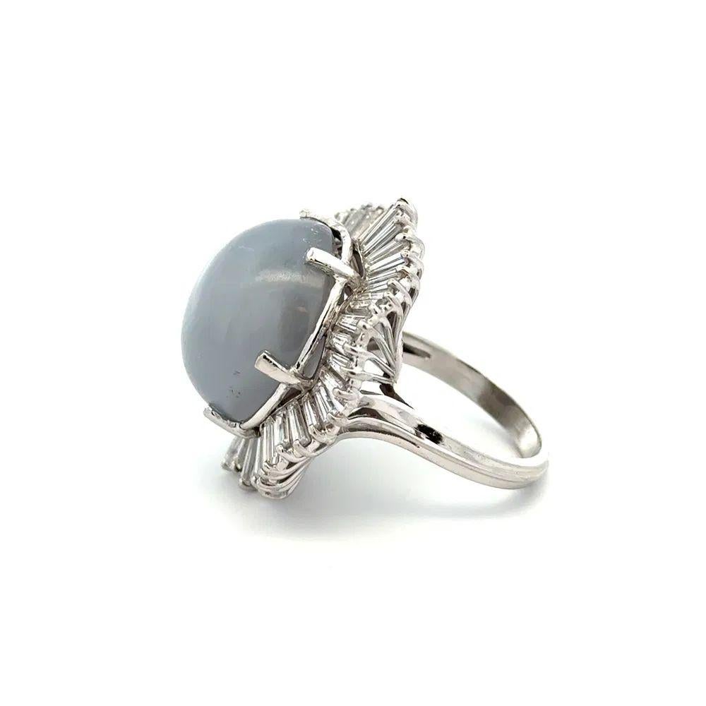 Women's 45 Carat Gray Blue Star Sapphire and Baguette Diamond Platinum Statement Ring For Sale