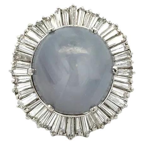 45 Carat Gray Blue Star Sapphire and Baguette Diamond Platinum Statement Ring For Sale