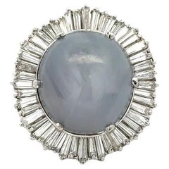 45 Karat Grau-blauer Sternsaphir und Baguette-Diamant Platin Statement-Ring