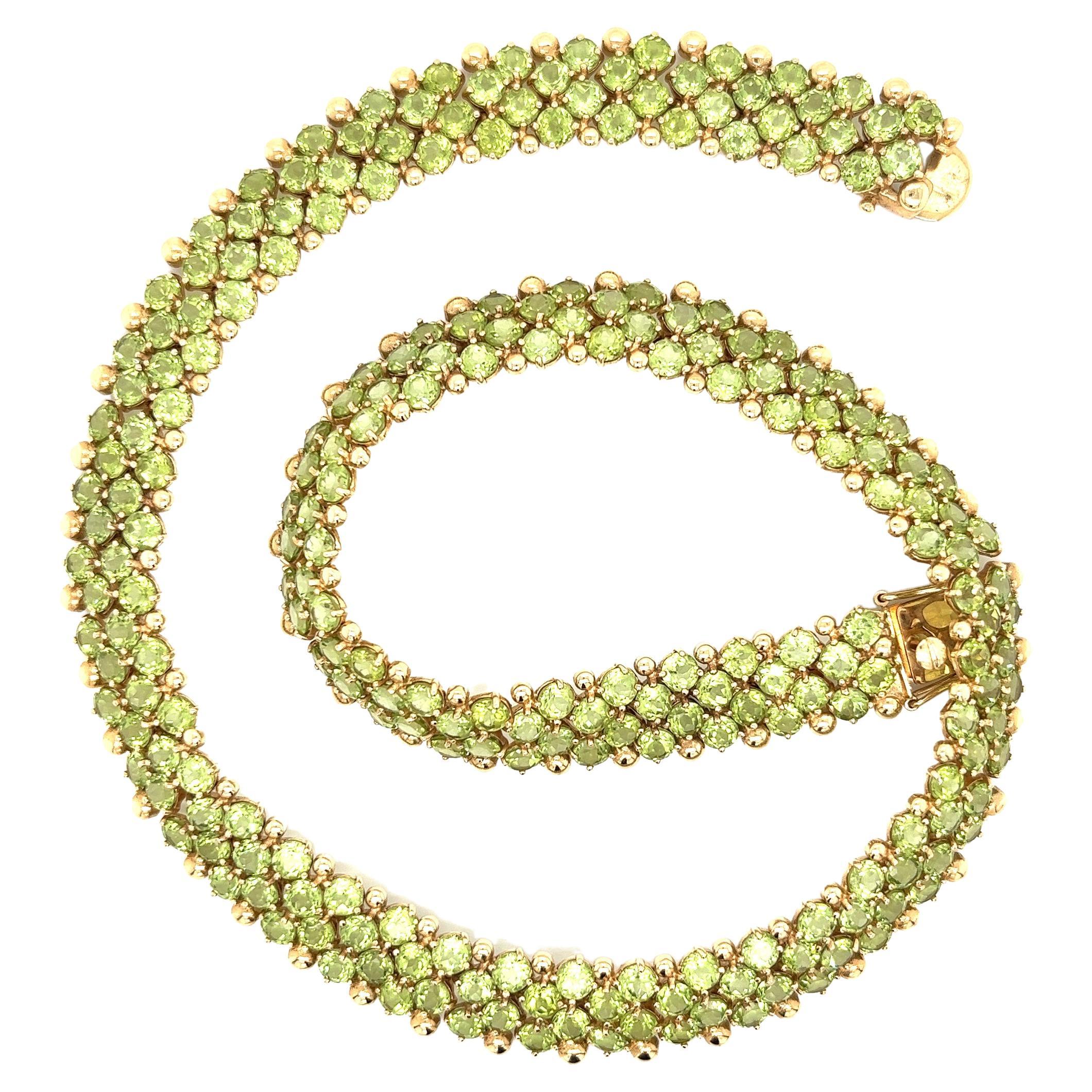 45 Carat Mixed Cut Green Peridot Cluster Choker Necklace in 14K Yellow Gold For Sale