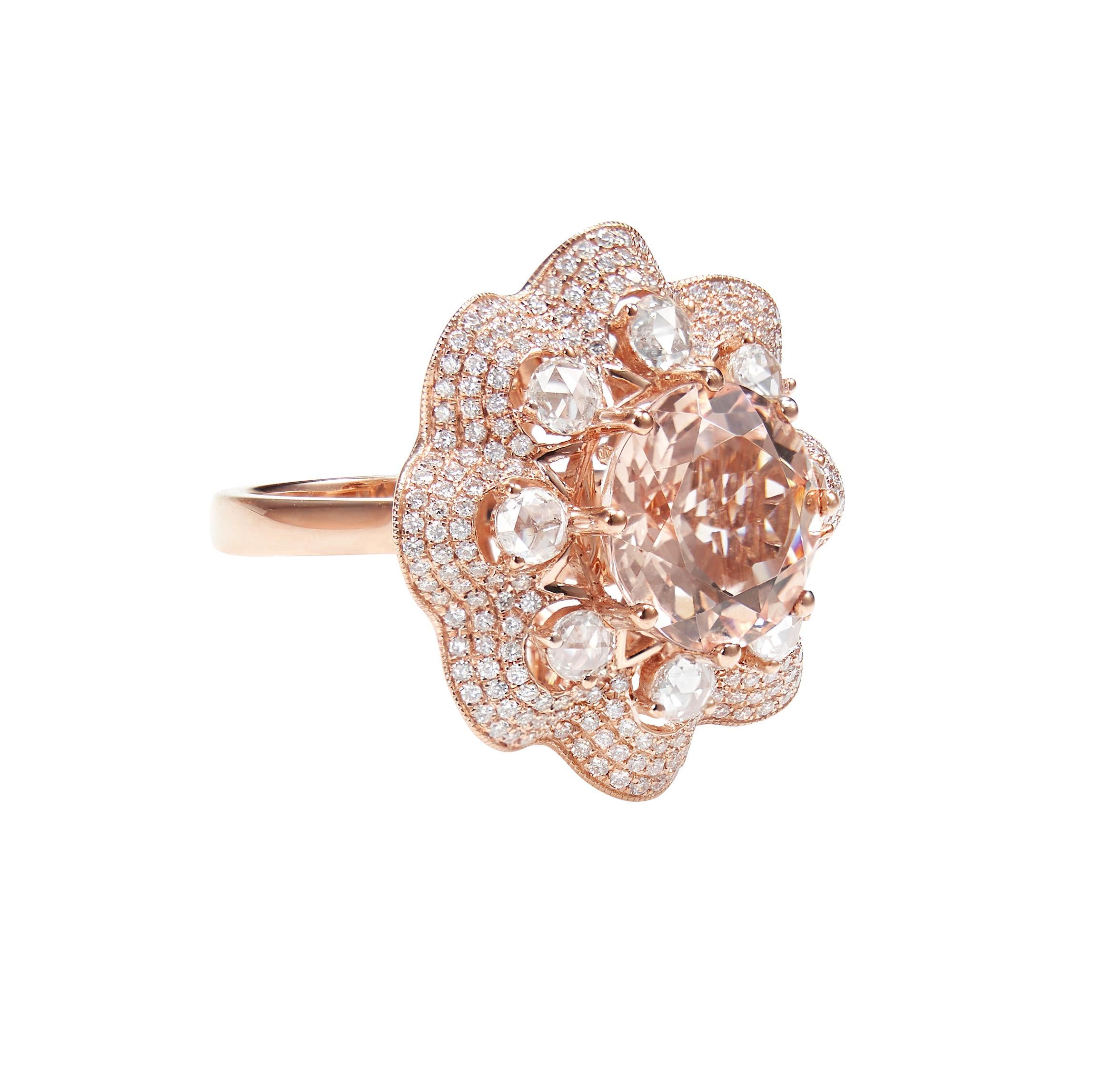 This collection features an array of magnificent morganites! Accented with diamonds these rings are made in rose gold and present a classic yet elegant look. 

Classic morganite ring in 18K rose gold with diamonds. 

Morganite: 4.57 carat round