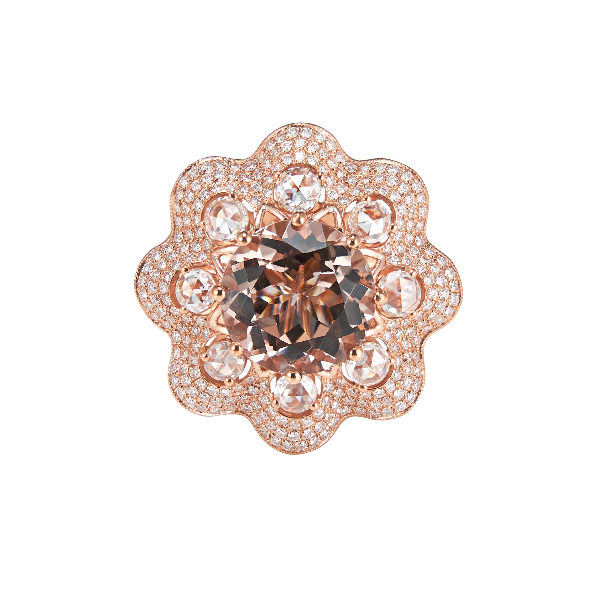 Contemporary 4.5 Carat Morganite and Rose Cut Diamond Ring in 18 Karat Rose Gold For Sale