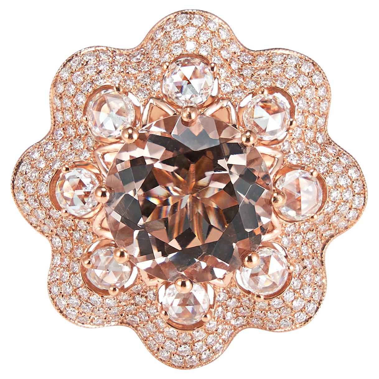 4.5 Carat Morganite and Rose Cut Diamond Ring in 18 Karat Rose Gold For Sale