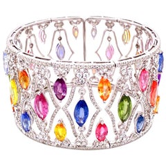 45 Carat Multi-Color Sapphire Wide Cuff Gem Bangle Bracelet Padparascha Openwork