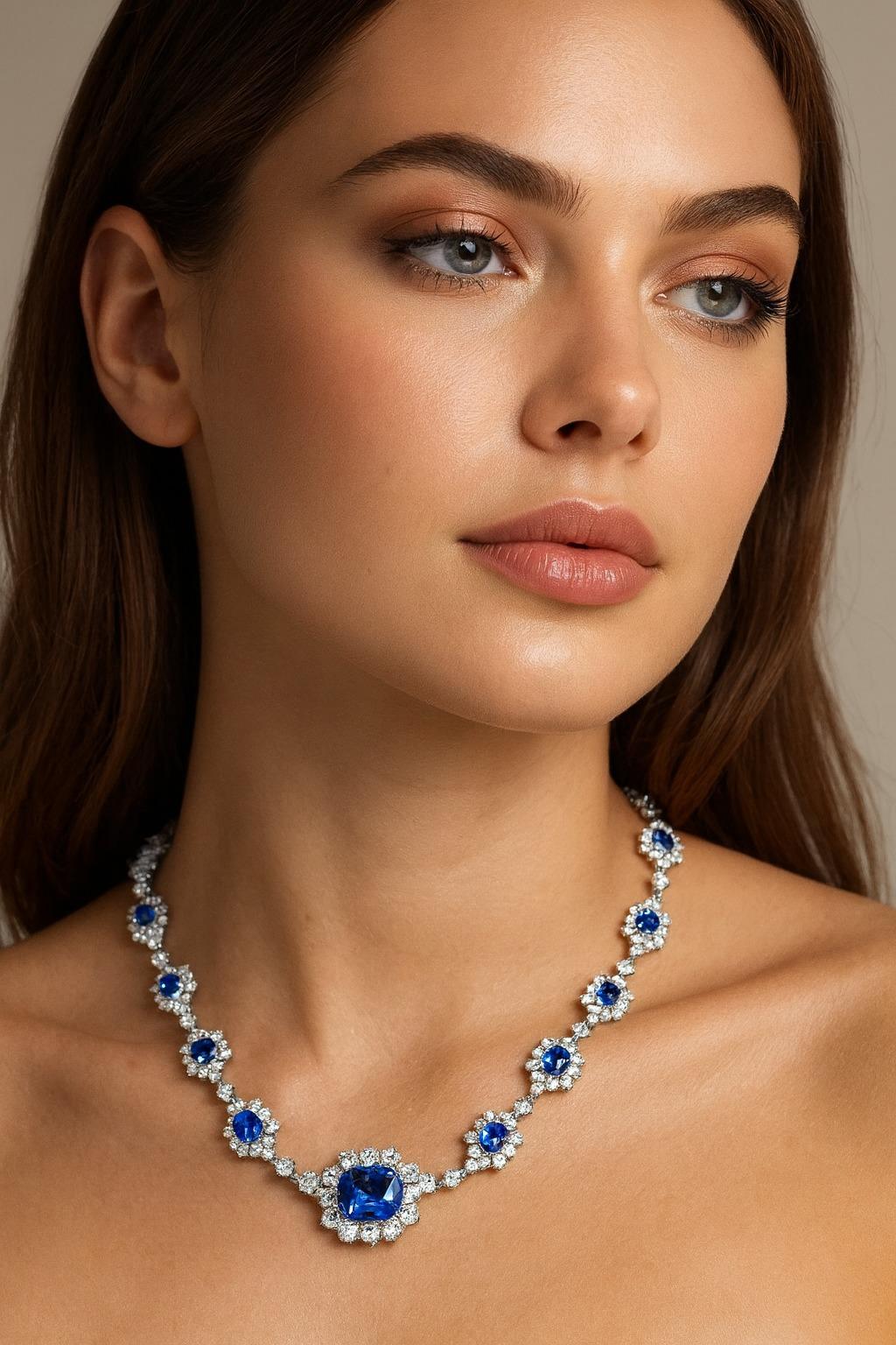 Contemporaneo Collana con zaffiro blu naturale da 45 carati e diamanti in oro bianco 18 carati in vendita
