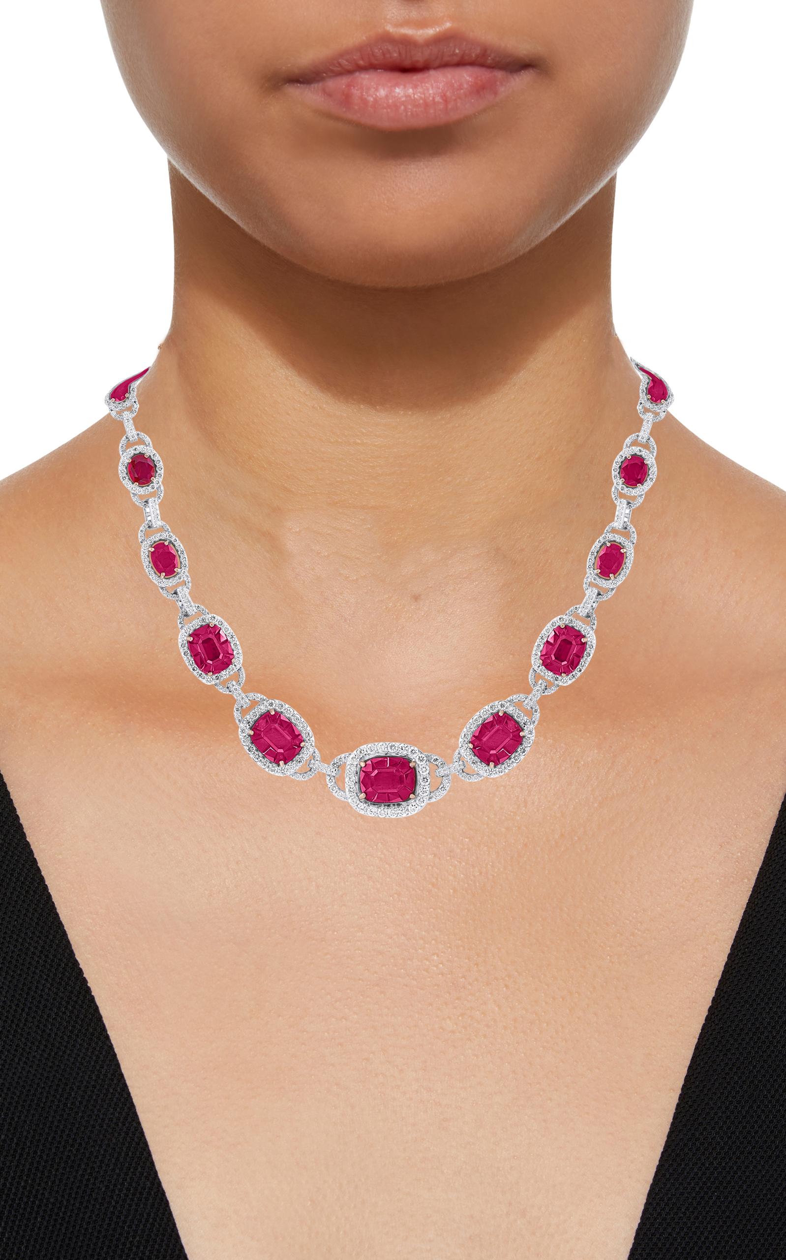 Oval Cut GIA Certified 45 Carat Natural Burma Ruby & Diamond Necklace 18 Karat White Gold For Sale