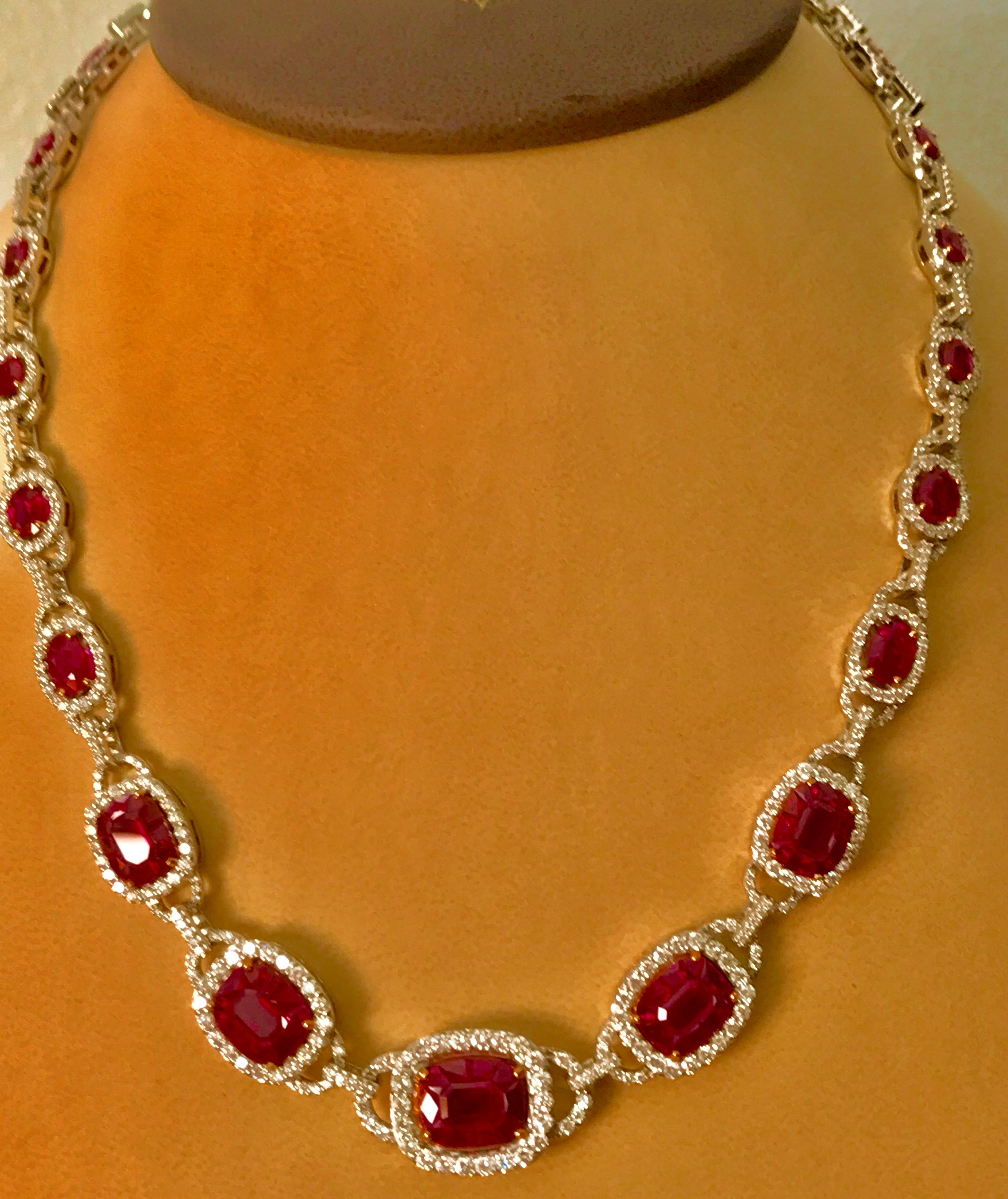 GIA Certified 45 Carat Natural Burma Ruby & Diamond Necklace 18 Karat White Gold In Excellent Condition For Sale In New York, NY