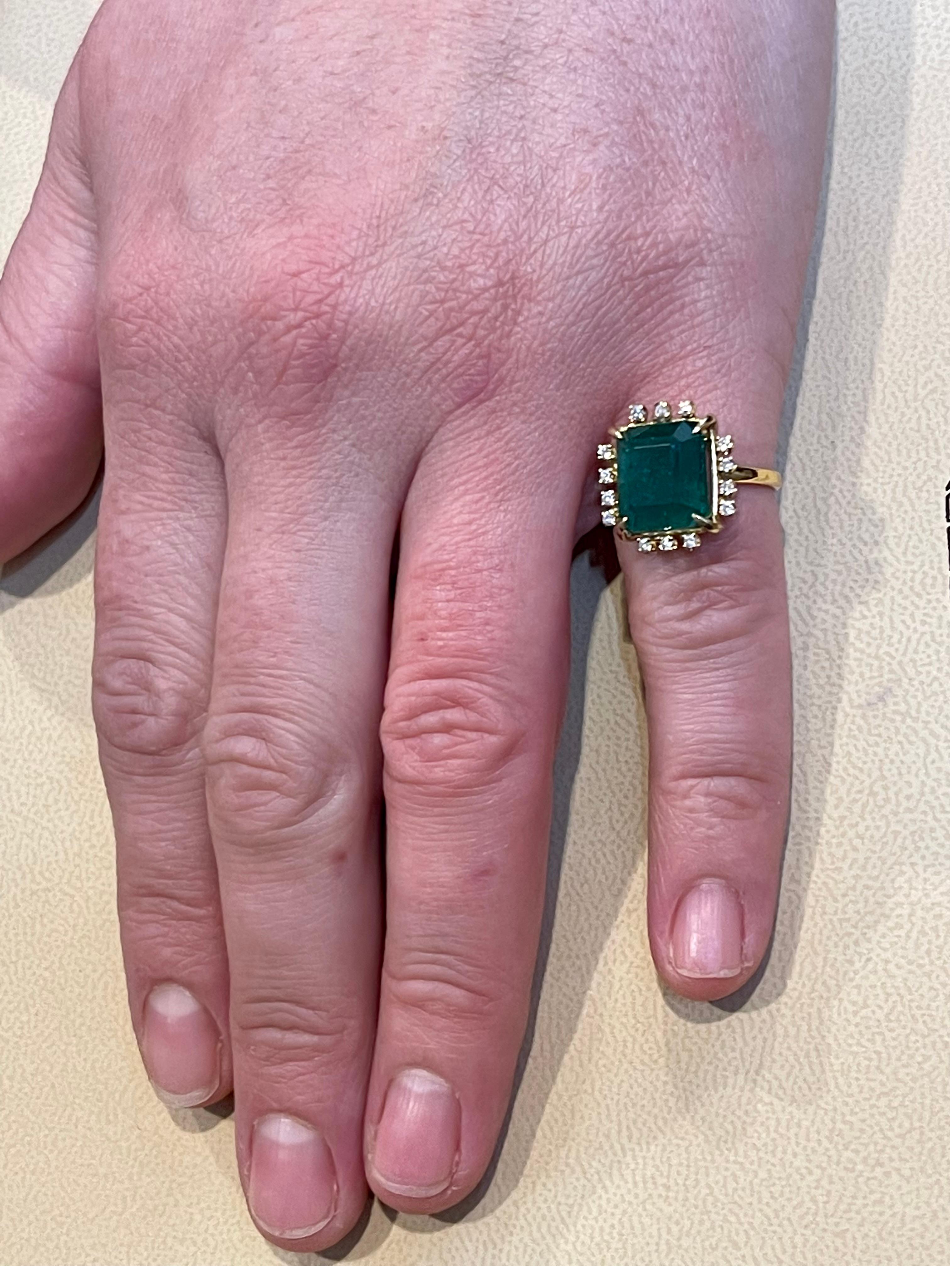 4.5 Carat Natural Emerald Cut Emerald & 0.35 Ct Diamond Ring 14 Kt Yellow Gold 6