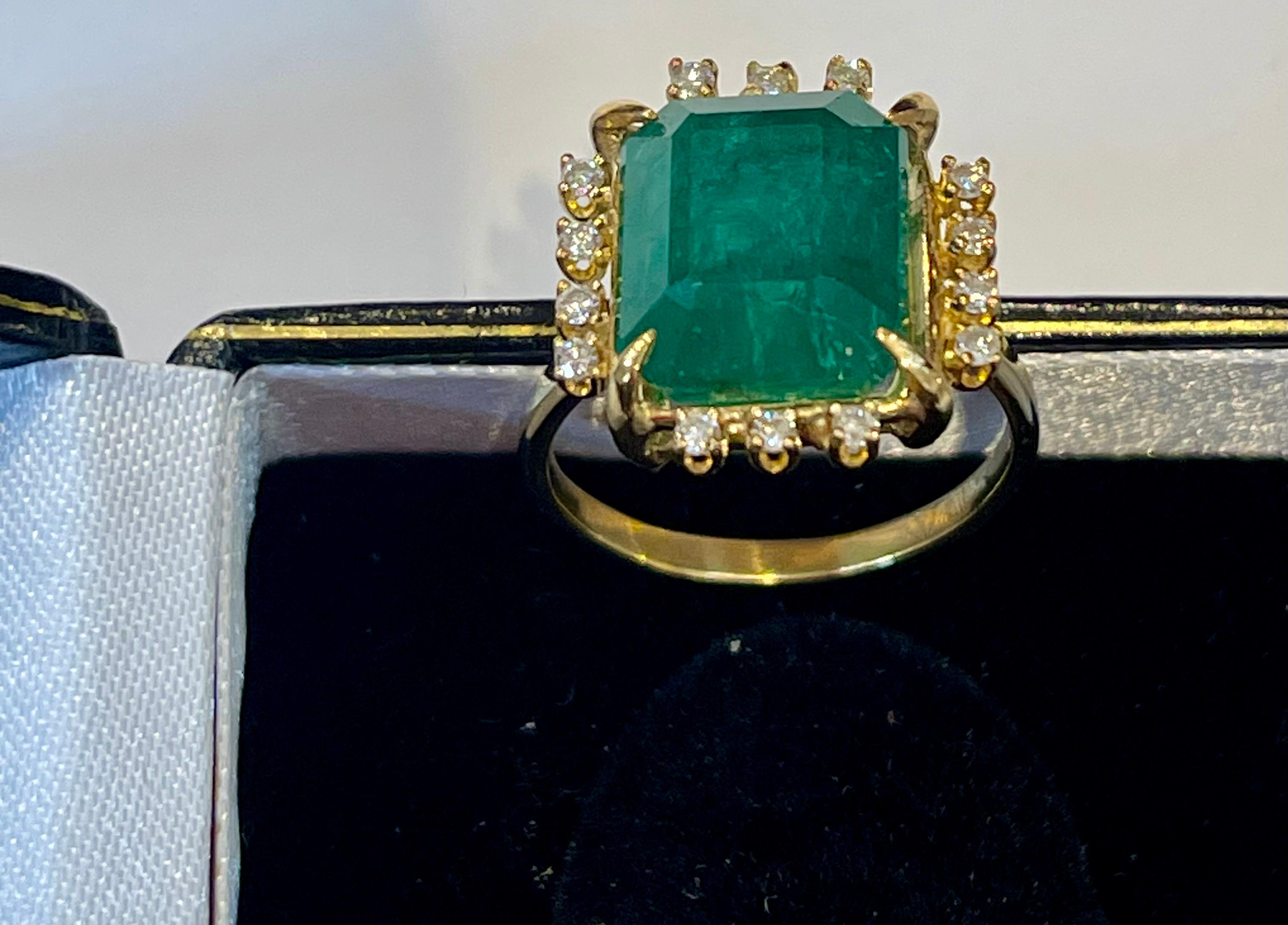 4.5 Carat Natural Emerald Cut Emerald & 0.35 Ct Diamond Ring 14 Kt Yellow Gold 4