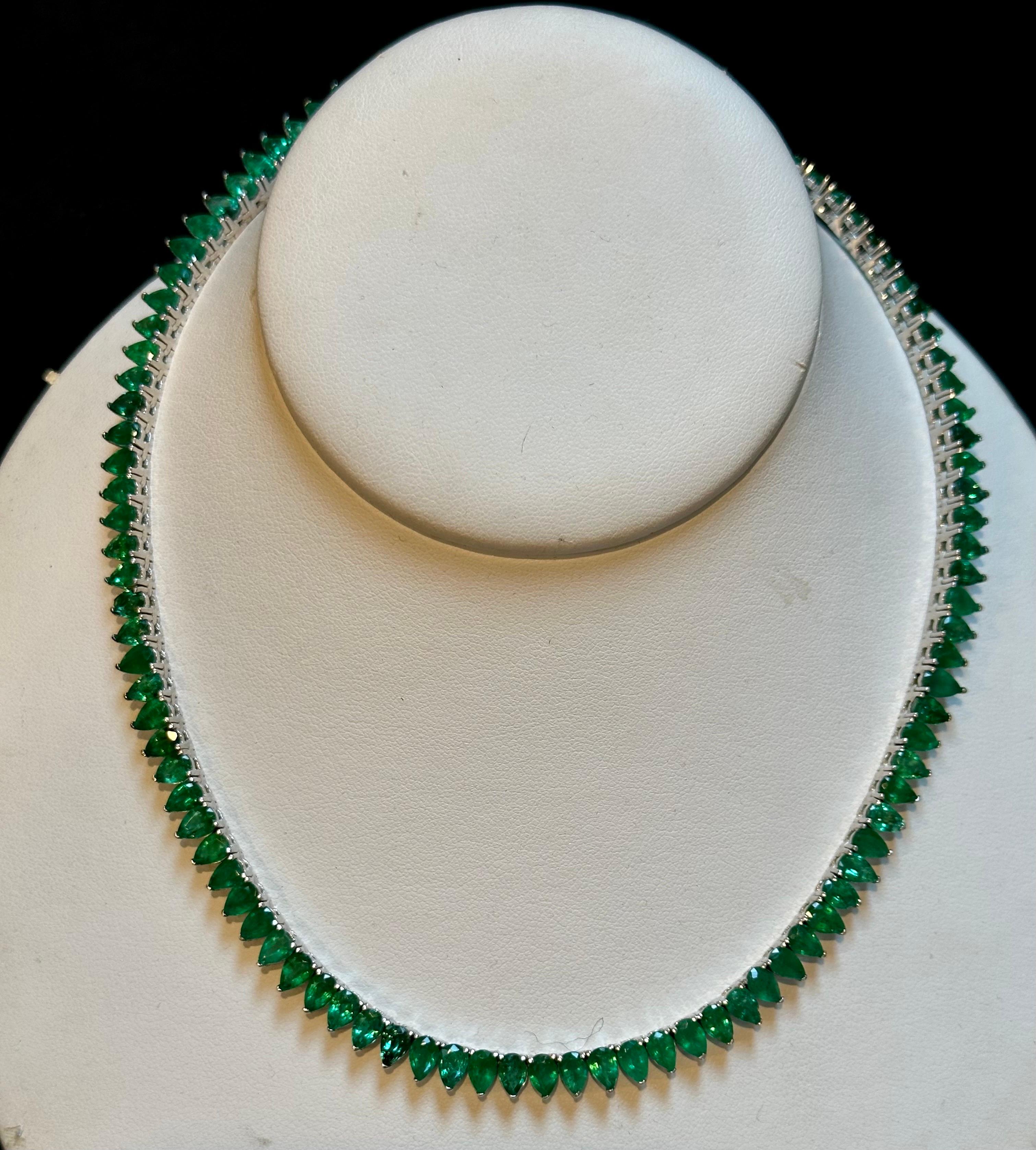 45 Carat Natural Pear Brazilian Emerald Tennis Necklace 14KWG , 16