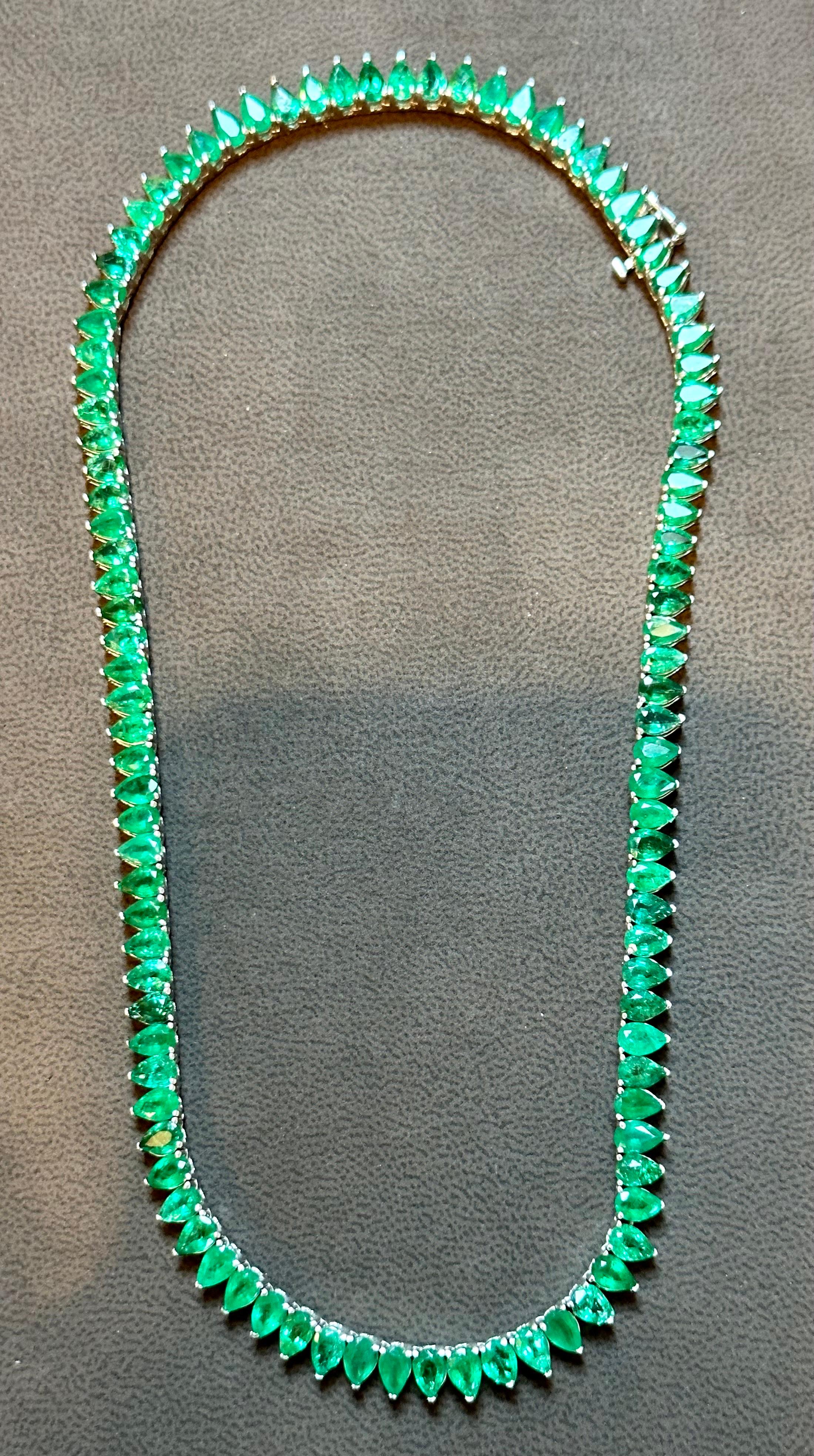 45 Carat Natural Pear Brazilian Emerald Tennis Necklace 14KWG , 16