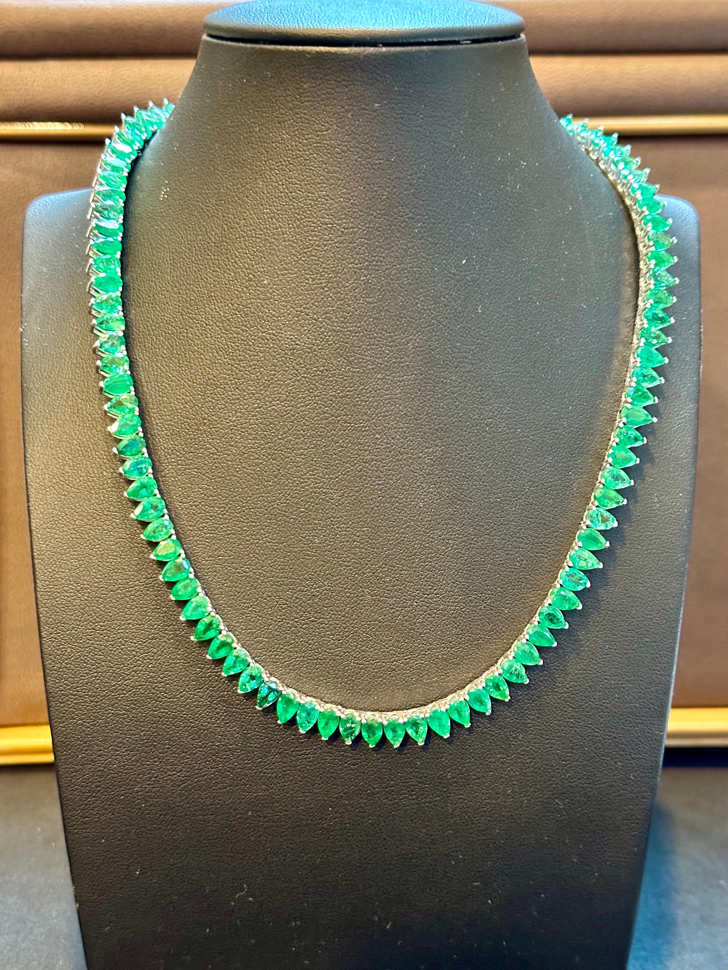 45 Carat Natural Pear Brazilian Emerald Tennis Necklace 14KWG , 16