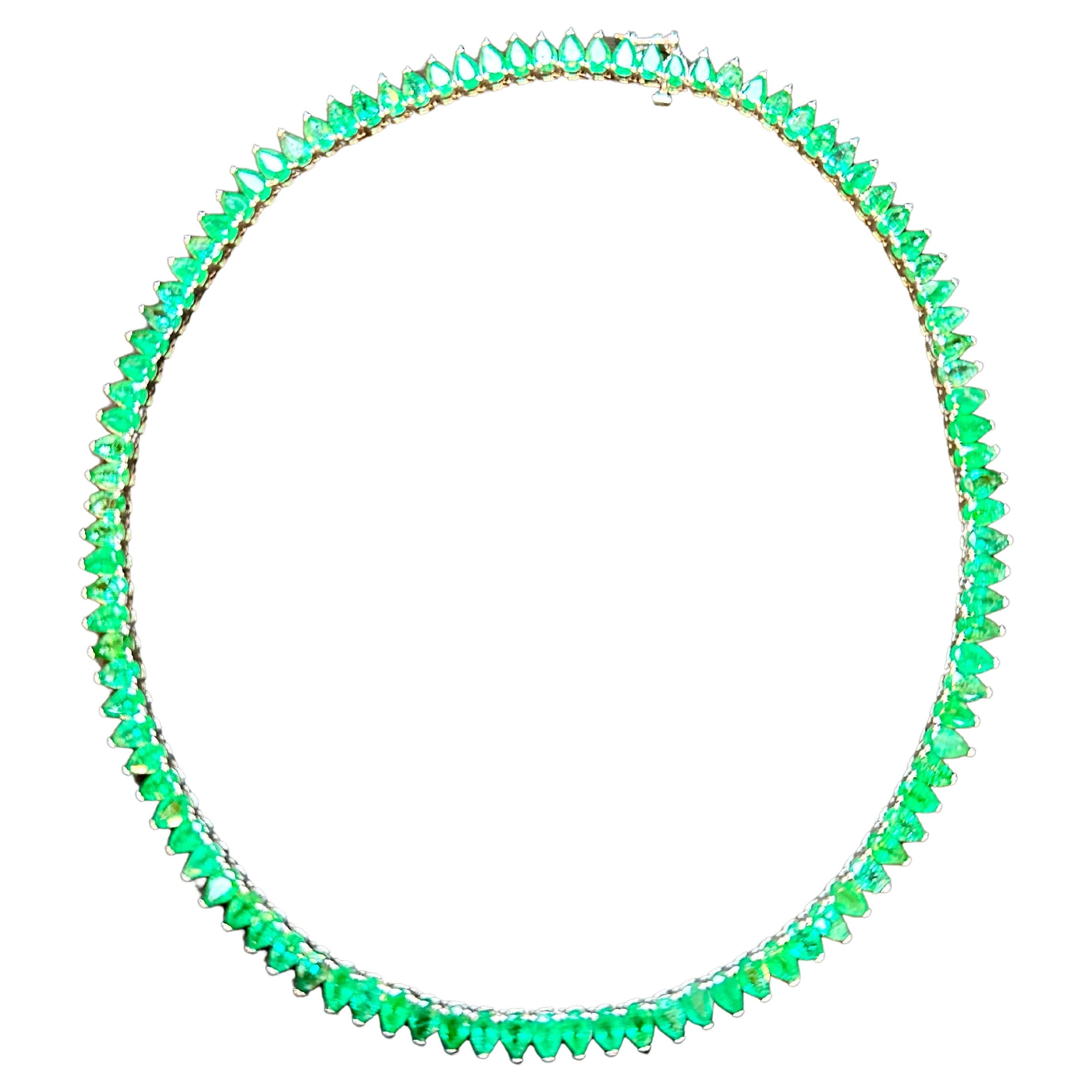 Sugarloaf Cabochon 45 Carat Natural Pear Brazilian Emerald Tennis Necklace 14KWG , 16